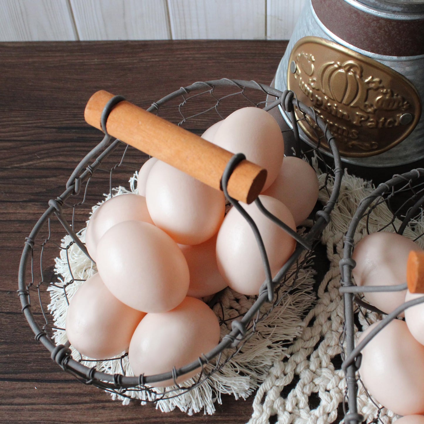 CVHOMEDECO. Chicken Wire Egg Baskets Rust Gathering Baskets with Wooden Handle Country Vintage Style Storage Baskets. Set of 2 (Oval)
