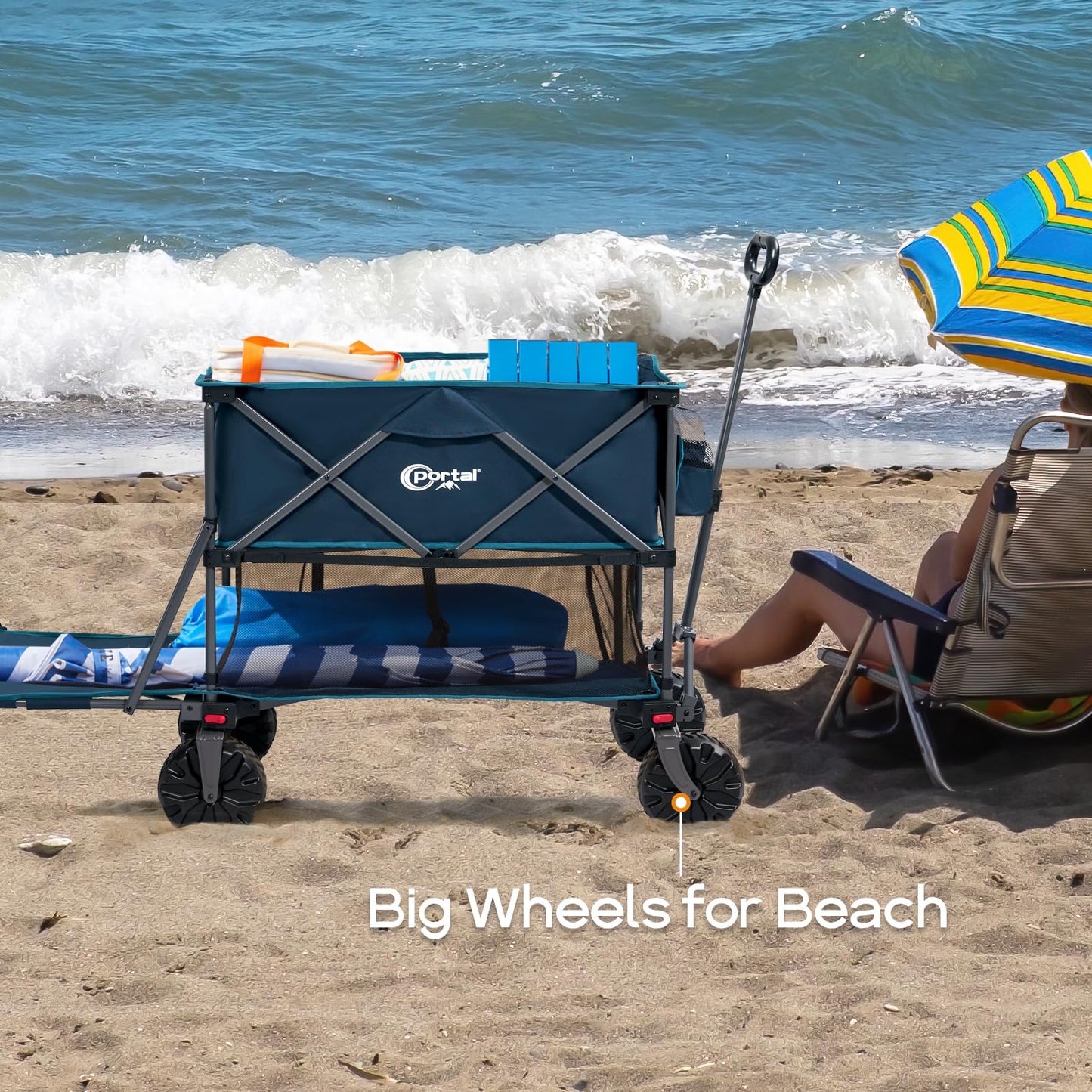 Portal Collapsible Double Decker Wagon Folding Utility Cart with Tailgate, Beach Wagons with Big Wheels, 660LB Heavy Duty Foldable Wagon 14 FT³ Large Capacity for Camping, Sports, Garden