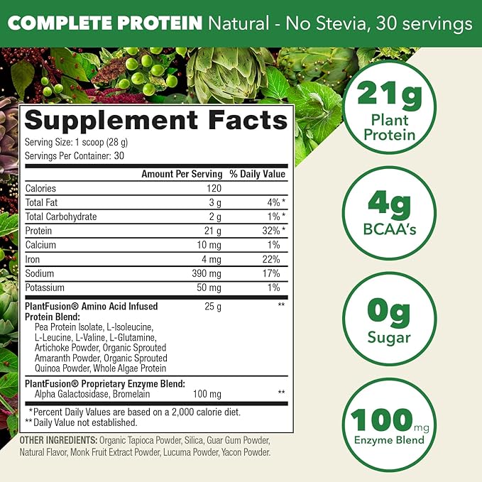 PlantFusion Complete Vegan Protein Powder - Plant Based Protein Powder With BCAAs, Digestive Enzymes and Pea Protein - Keto, Gluten Free, Non-Dairy, No Sugar, Non-GMO - Natural-No Stevia 1.85 lb