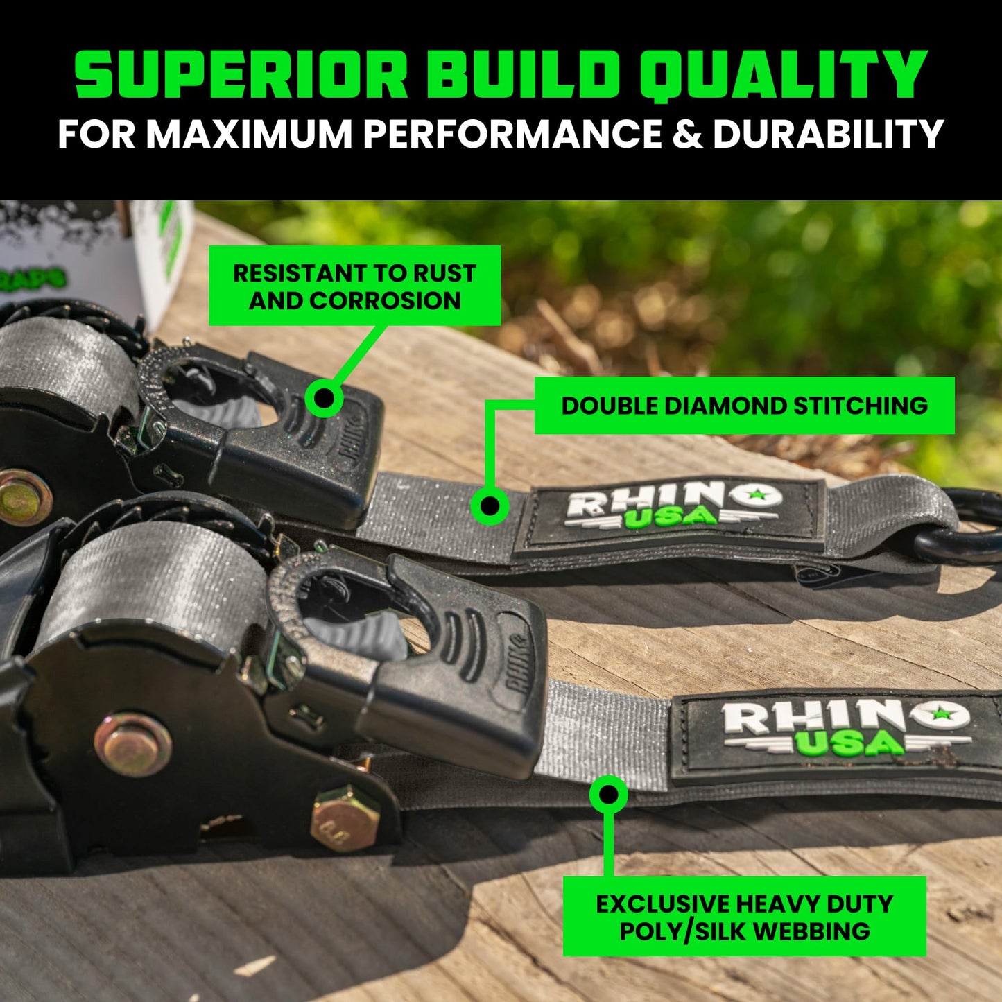 Rhino USA Retractable Ratchet Straps (4-Pack) - 2 Inch x 10 Feet (3,033lb Break Strength) - Heavy Duty Auto Self Retracting Tie Down Straps for Truck, Cargo Trailer, Motorcycle, Rad & More - Gray