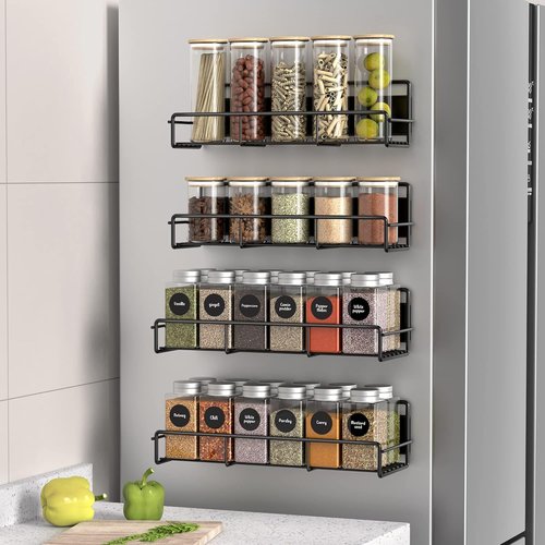 HuggieGems Magnetic Spice Rack Organizer - 4 Pack Metal Fridge Shelf for Kitchen | Black