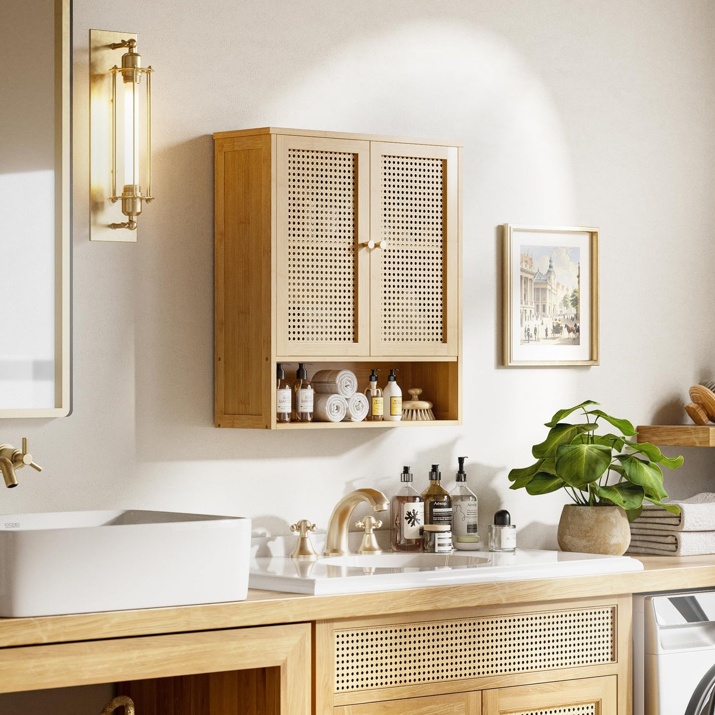 HITNET Rattan Hanging Bathroom Cabinet, Wall Mounted Bamboo Bathroom Cabinet with Double Doors and Adjustable Shelves, Storage Over the Toilet for Kitchen, Living Room, Laundry Room, Natural