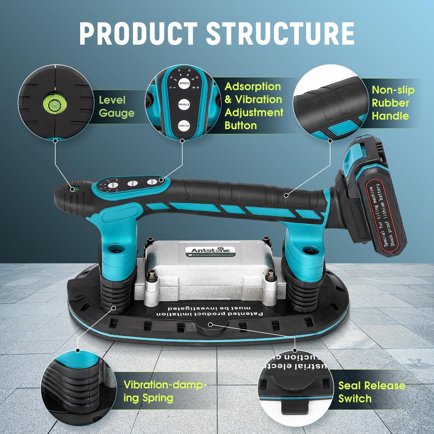 Antstone Tile Vibration Tool 283mm Suction Cup 882lbs/400kg, Handheld Tile Installation Leveling Machine 6-Speed Adjustable Tile Vibrator for Tiling Leveling Laying Max.28000 RPM 2 Batteries Included
