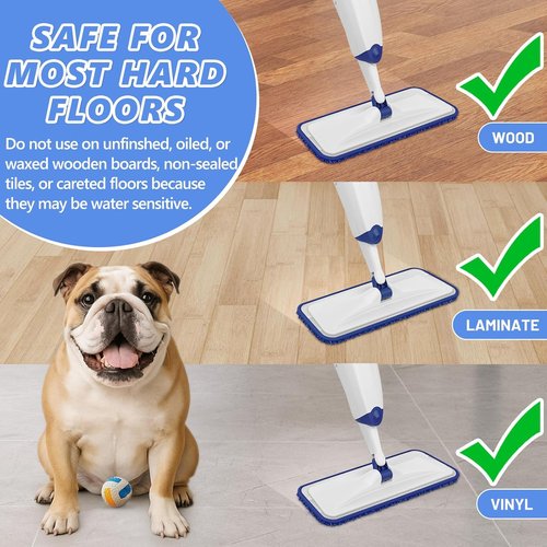 HOMTOYOU Microfiber Flat Mop - Spray Mop with 4 Washable Pads for Multi-Surface Cleaning | 400+ML Refillable Bottle