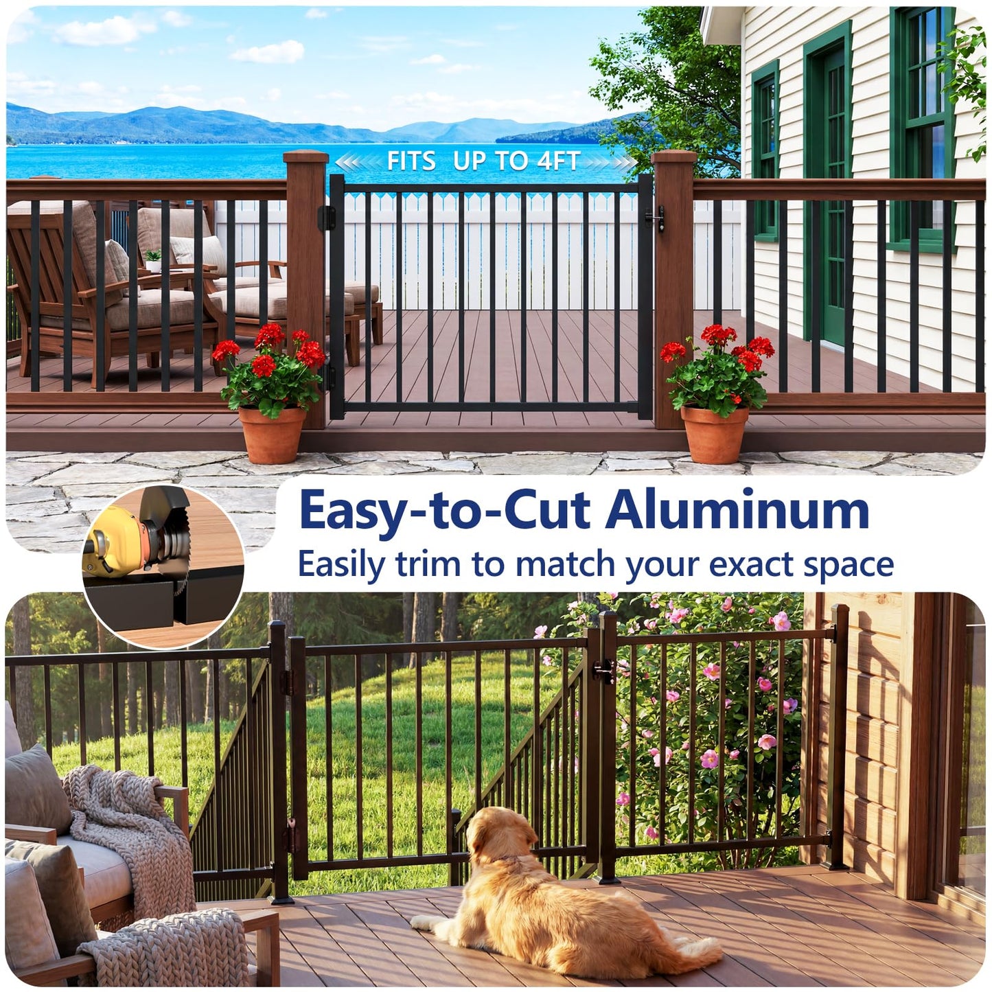 Guwezoy W.4ft x H.36in Aluminum Deck Gate Outdoor, Cuttable Porch Gate Kit with Latch and Auto-Closing Hinge, AAMA 2604–Grade Sand-Texture Black Outdoor Gate for Deck Railing Patios, Porch, Garden