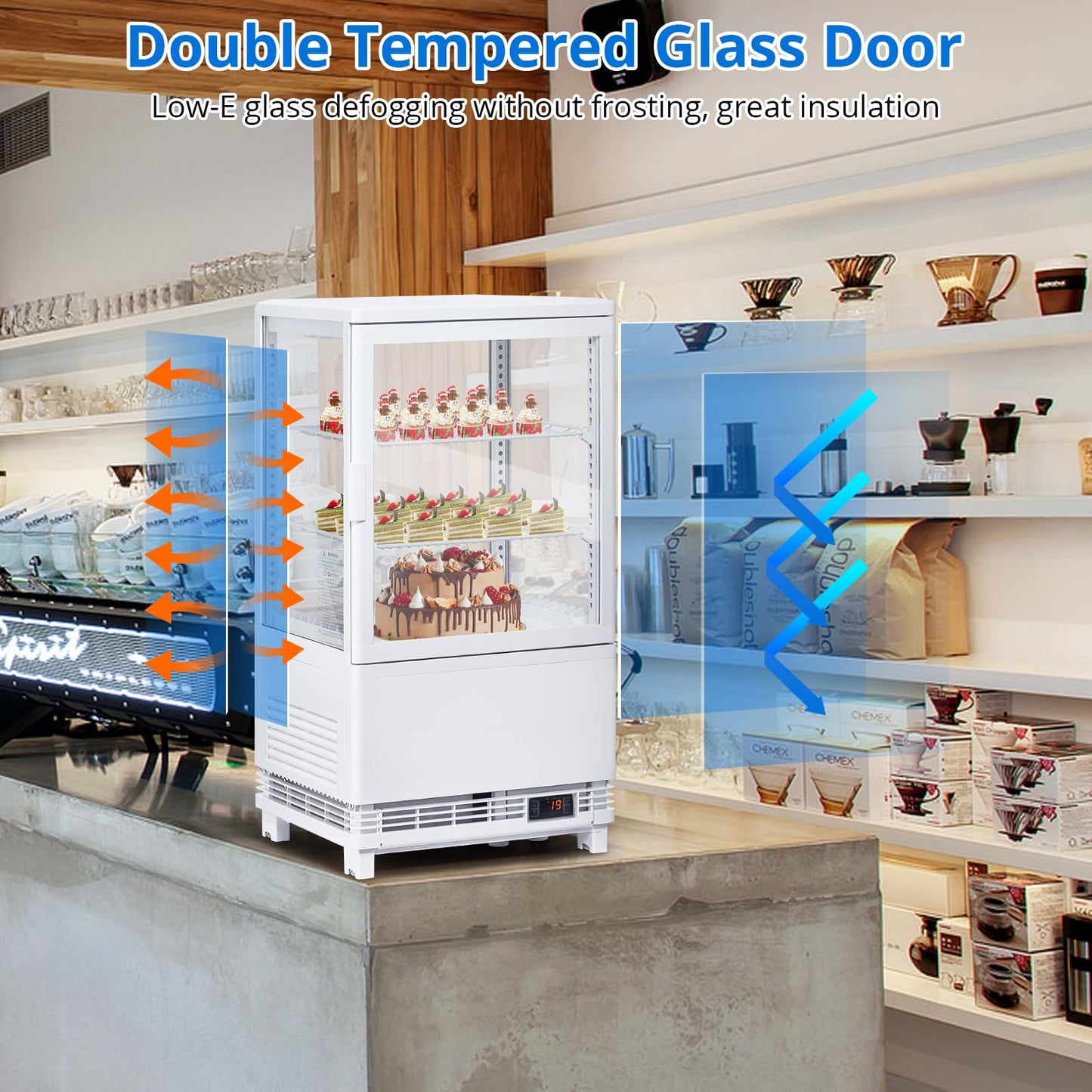 2.1 Cu.Ft. Commercial Bakery Display Refrigerator, Countertop Refrigerated Case, Display Fridge, Single Door, Merchandiser Beverage Cooler, 3 Layers, LED, Adjustable Shelves, Restaurants, Bars, Shops