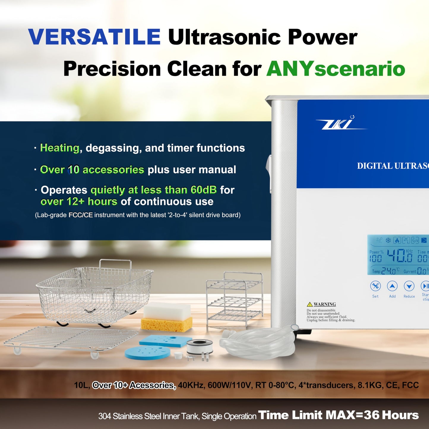 ZKI 10L Digital Ultrasonic Cleaning Machine, Adjustable Heater/Intensity/Timer Ultrasonic Cleaner, Degas Mode, Low-Noise, 12+ Hrs Run Time, Ideal for Jewelry, Lab, Glasses, Dentures, Ind. (110V/600W)