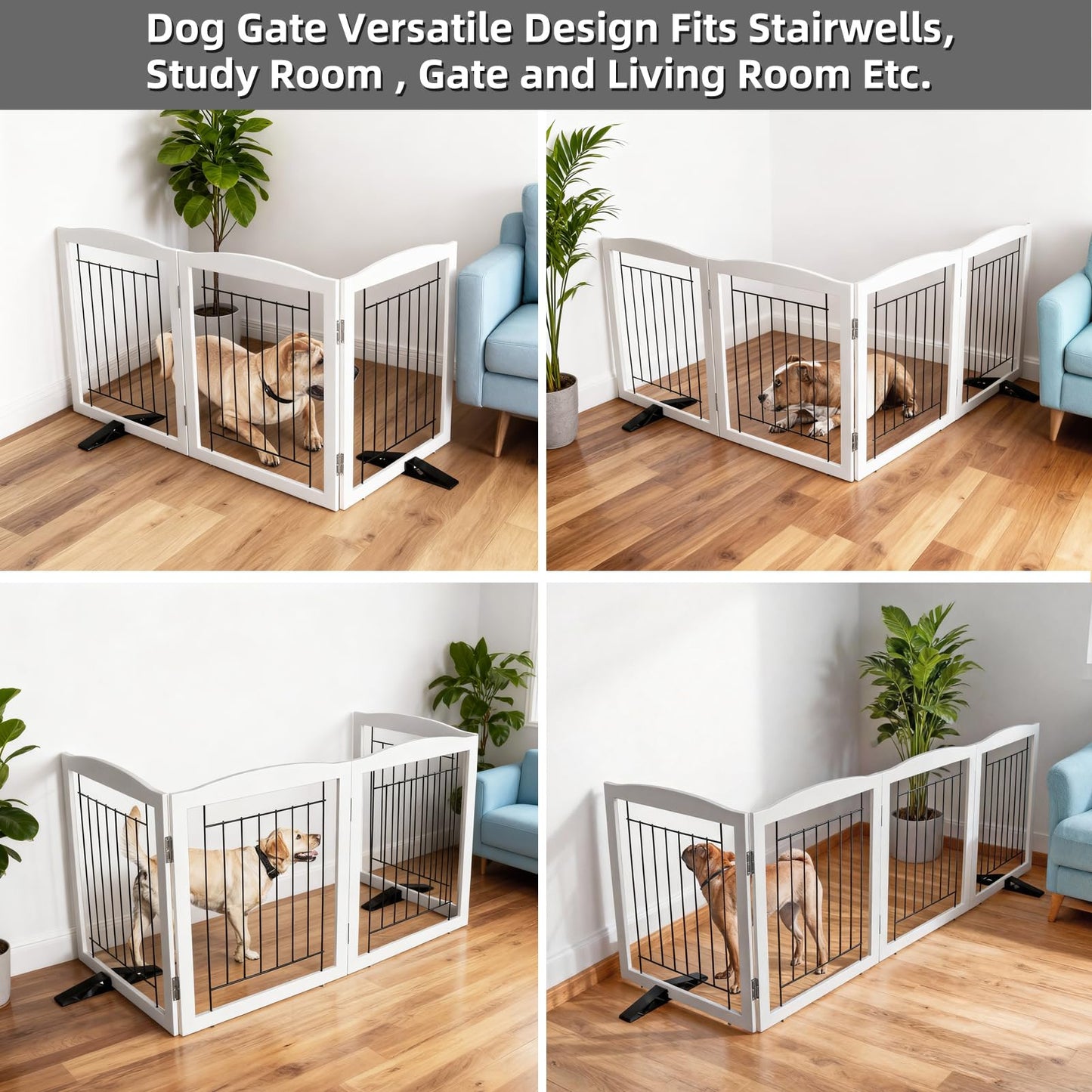 ZJSF Freestanding Dog Fence Indoor, Foldable Dog Gate for Doorways, Stairs or Hallways, Sturdy Wood Extra Wide Pet Gate with Support Feet for The House, White, 24 "Height-3 Panels