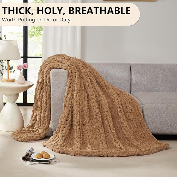L'AGRATY Chunky Knit Blanket Throw: 50''x60'' Chenille Chunky Knitted Throw Blanket for Bed Couch - Handmade Thick Big Cable Knit Blanket - Large Crochet Rope Blankets for Home Decor(Tan)