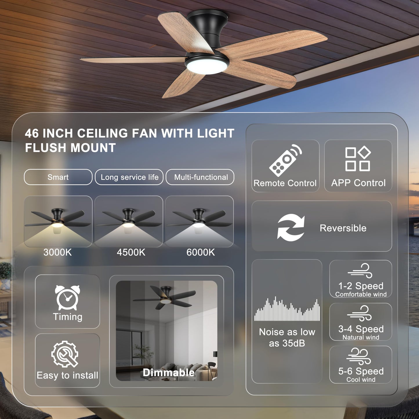Ohniyou Ceiling Fan with Lights, 46" Flush Mount Ceiling Fans Remote/APP Control - Dimmable, Quiet DC Motor, Indoor Ceiling Fans for Bedroom Kitchen, Black