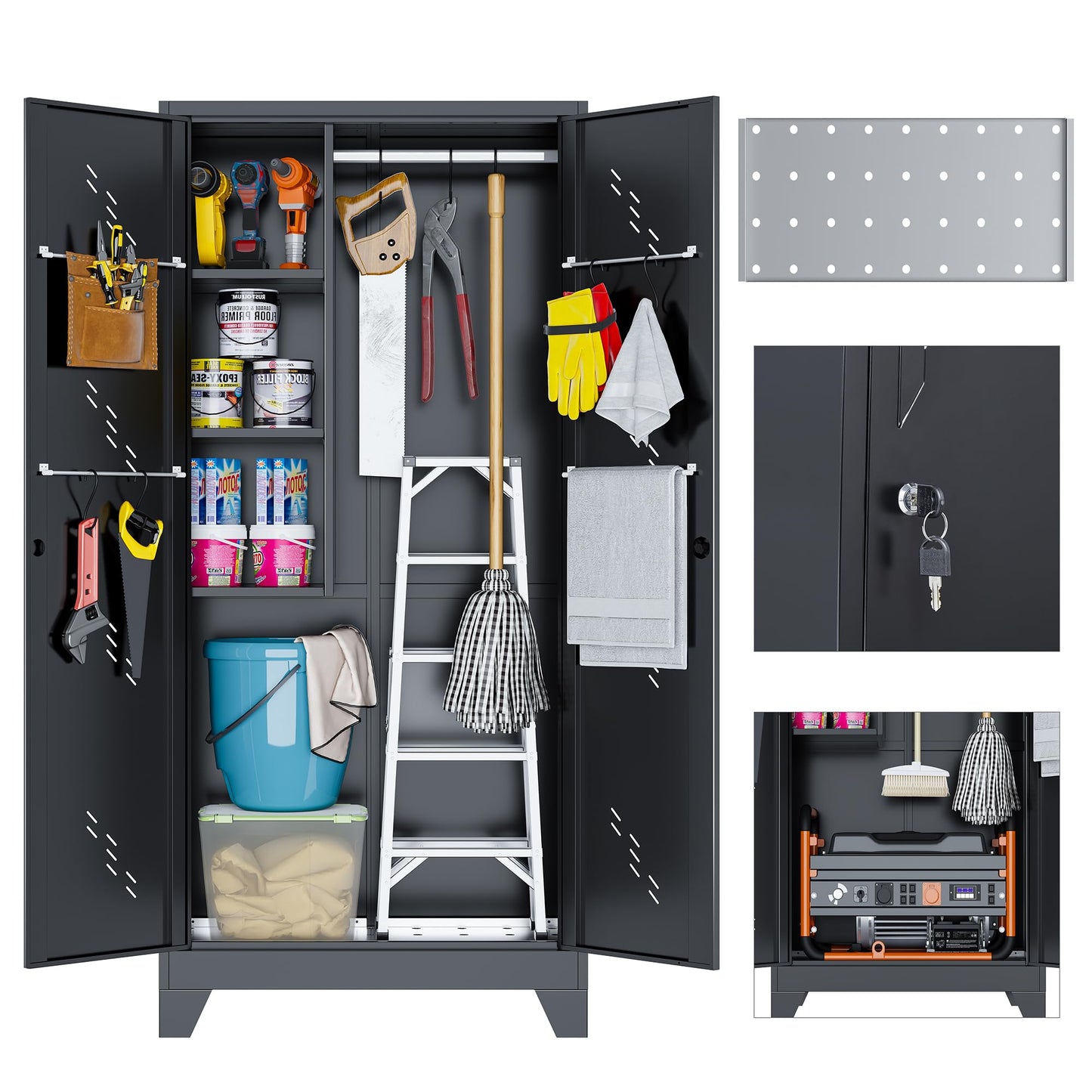 LyAosdFu Metal Storage Cabinet, 75" Cleaning Tool Cabinet with Locking Door, Tall Storage Sheds Tool Organizer, Large Broom Cabinet for Bathroom, Laundry Room, Kitchen, Pantry, and Humid Environments