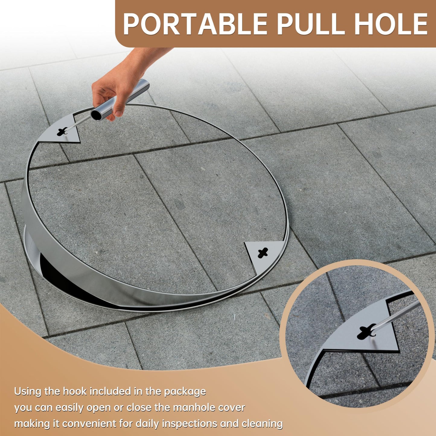 24 inch Stainless Steel Invisible Manhole Cover, Round Embedded Septic Tank Cover with Frame and Lifting Hooks, for Yard/Pavement