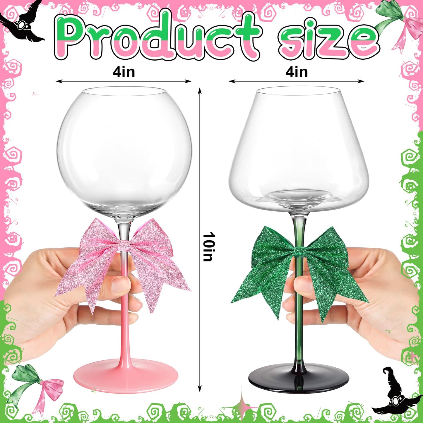 Honeydak 5 Pcs 18 oz Witch Pink Green Crystal Wine Glass Set Includes 2 Theme Wine Glass 2 Glitter Bows and 1 Designed Wrapping Paper for BFF Couples Witch Lover Musical Play & Movie Lovers Gift