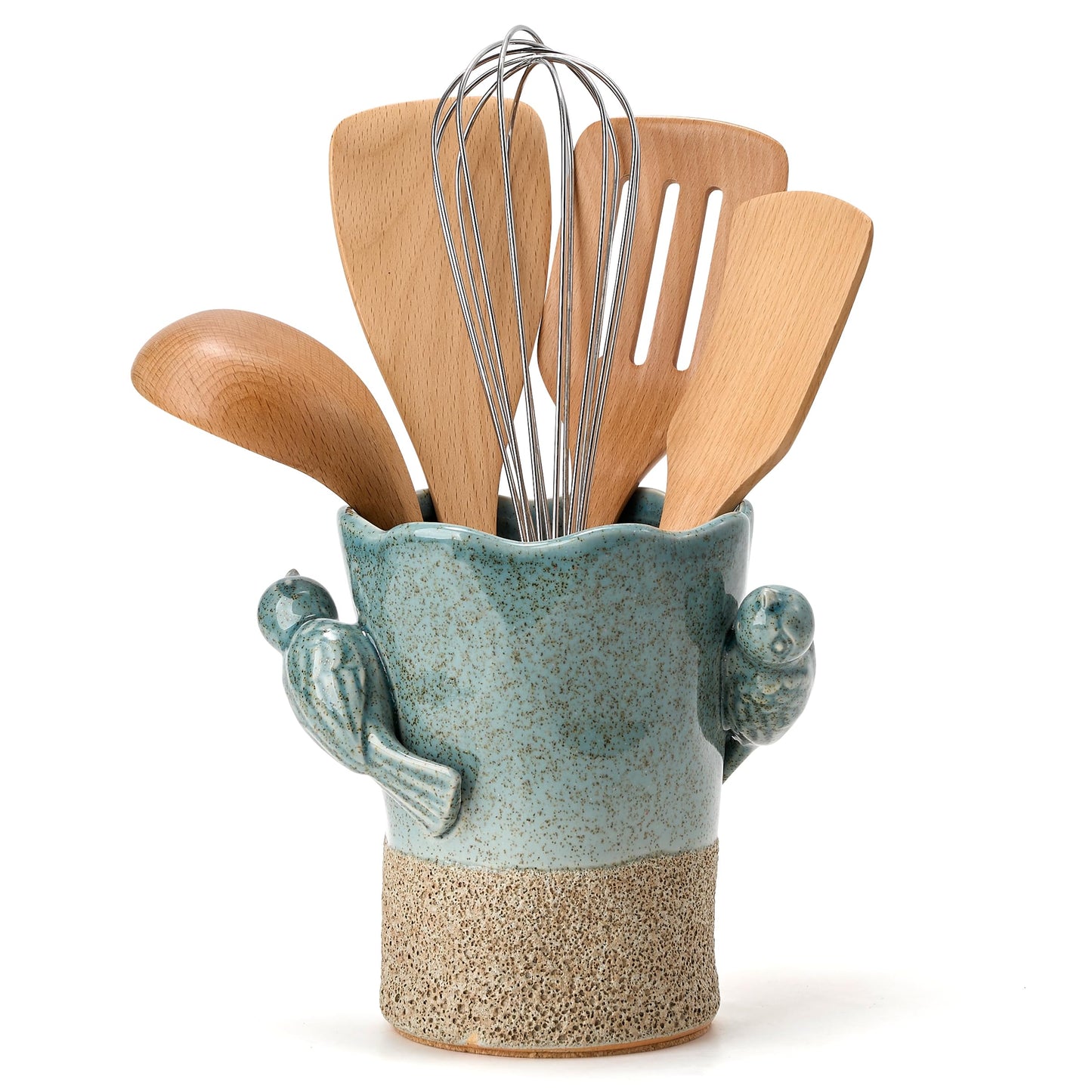 6.38“H Utensil Holder for Kitchen Counter, Modern Farmhouse Cooking Utensil Holder and Crock Home Kitchen Decor, Ceramic Utensil Organizer for Spatula, Ladle, Eggbeater, Rolling Pin- Blue and Brown