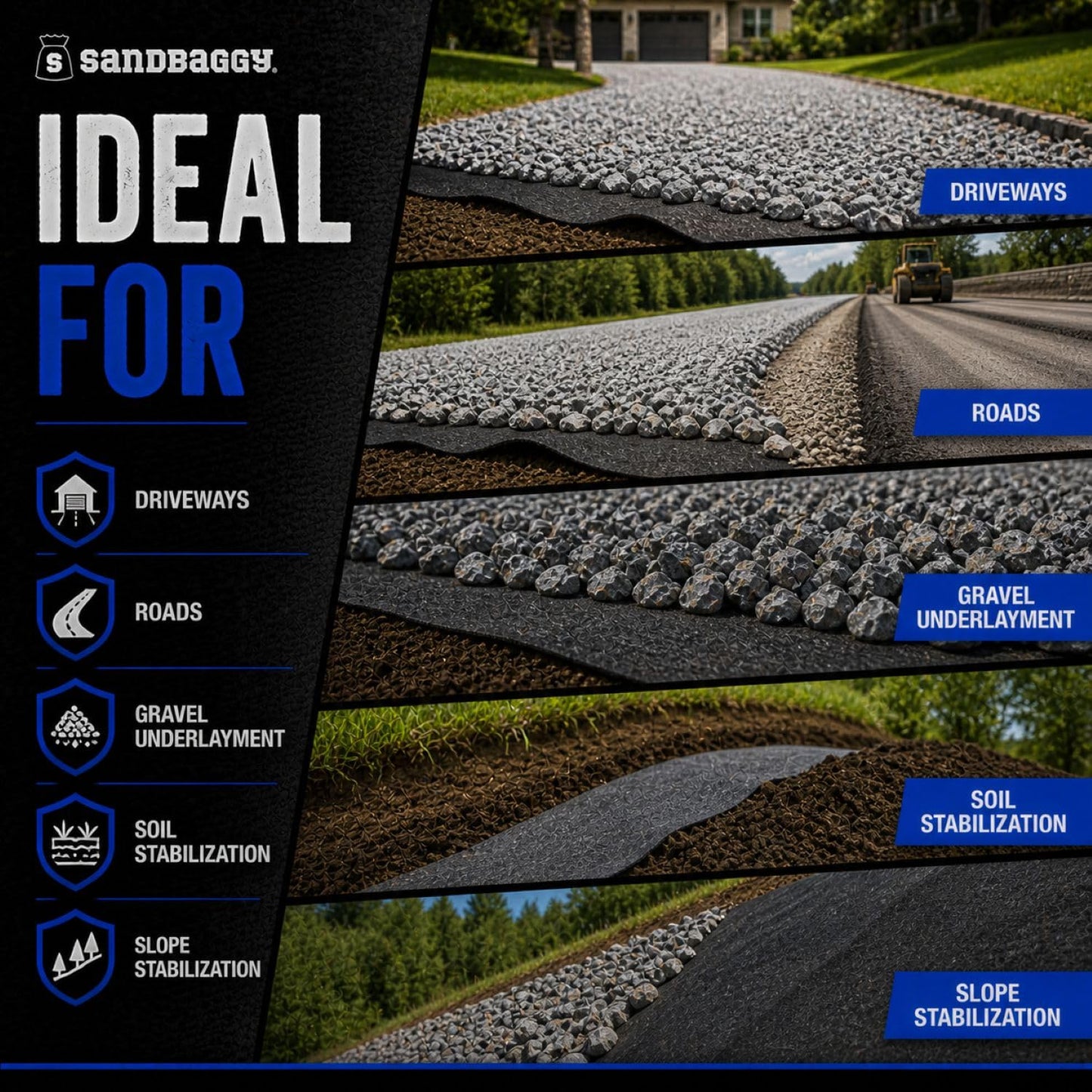 Sandbaggy Geogrid & Geocell Underlayment Fabric | Non-Woven Geotextile (8 oz) – Soil Stabilization for Driveways, Roads & Gravel – Erosion Control for Slopes & Walls | USA Made (15 ft x 50 ft Roll)