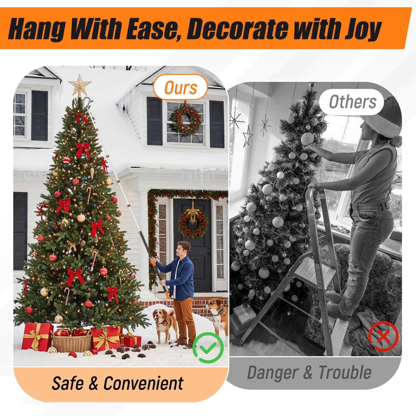 Leriton 7-36 ft Telescopic Extension Pole with Utility Hook, Multi-Purpose Aluminum Pole for Painting, Dusting and New Year Window Cleaning Christmas Lights Installation Without a Ladder (Orange)