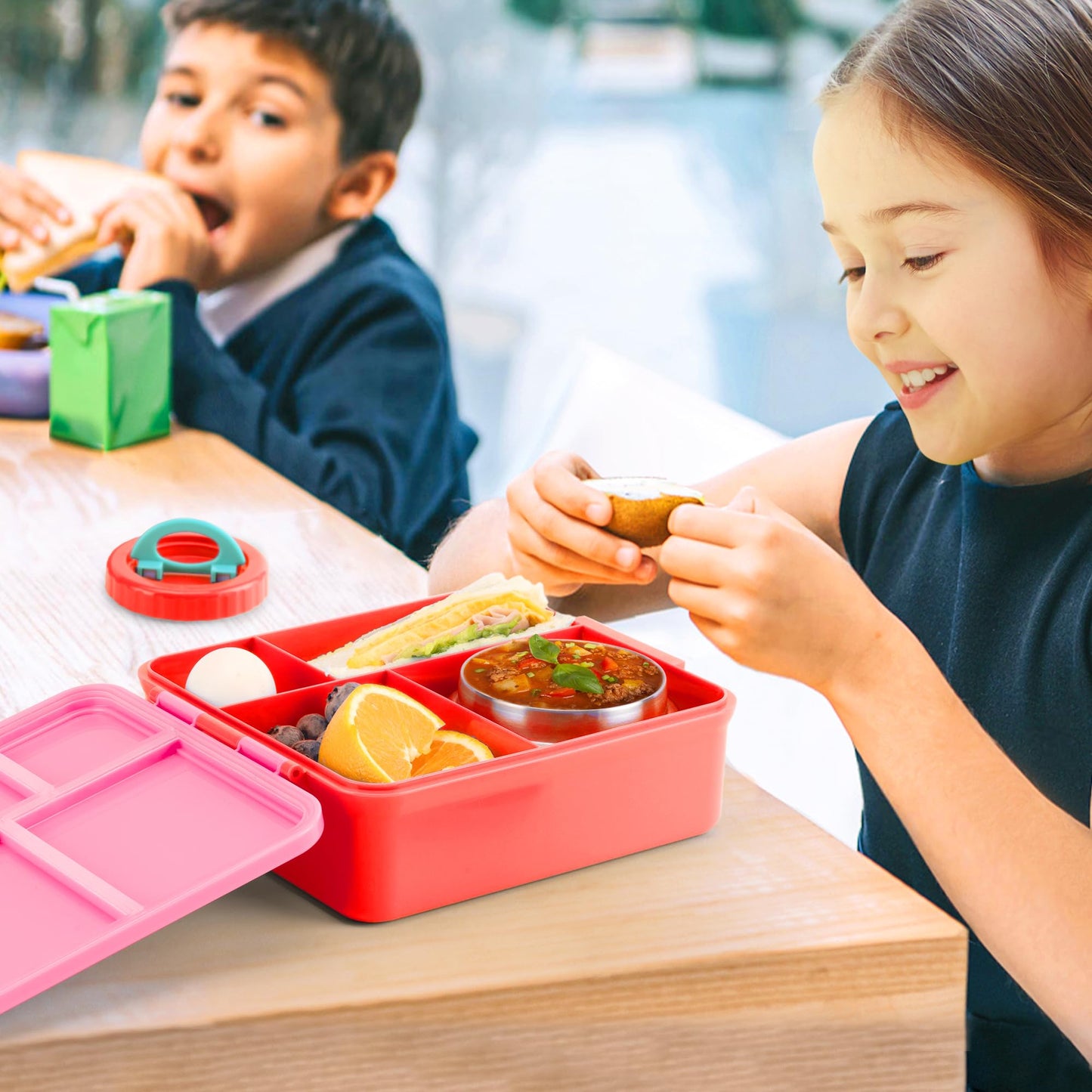 Bento Lunch Box for Kids With 8oz Soup Thermo,Leak-proof Lunch Containers with 4 Compartment,Thermo Food Jar, Food Containers for School(Vermilion)