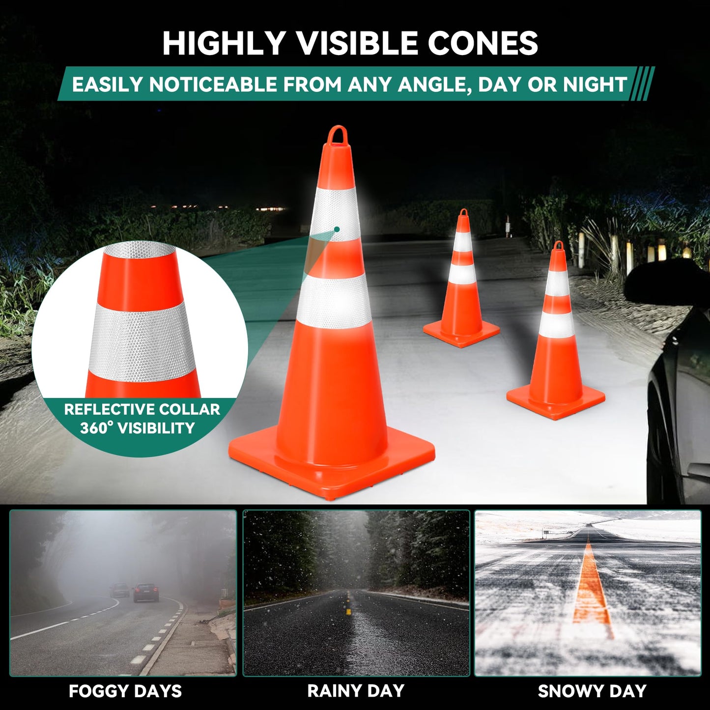 YITAHOME Traffic Cones 28 Inch (24 Pack), with 72FT Chain and Reflective Collars, PVC Safety Cones, Orange Construction Cones for Parking Lot, Home Road