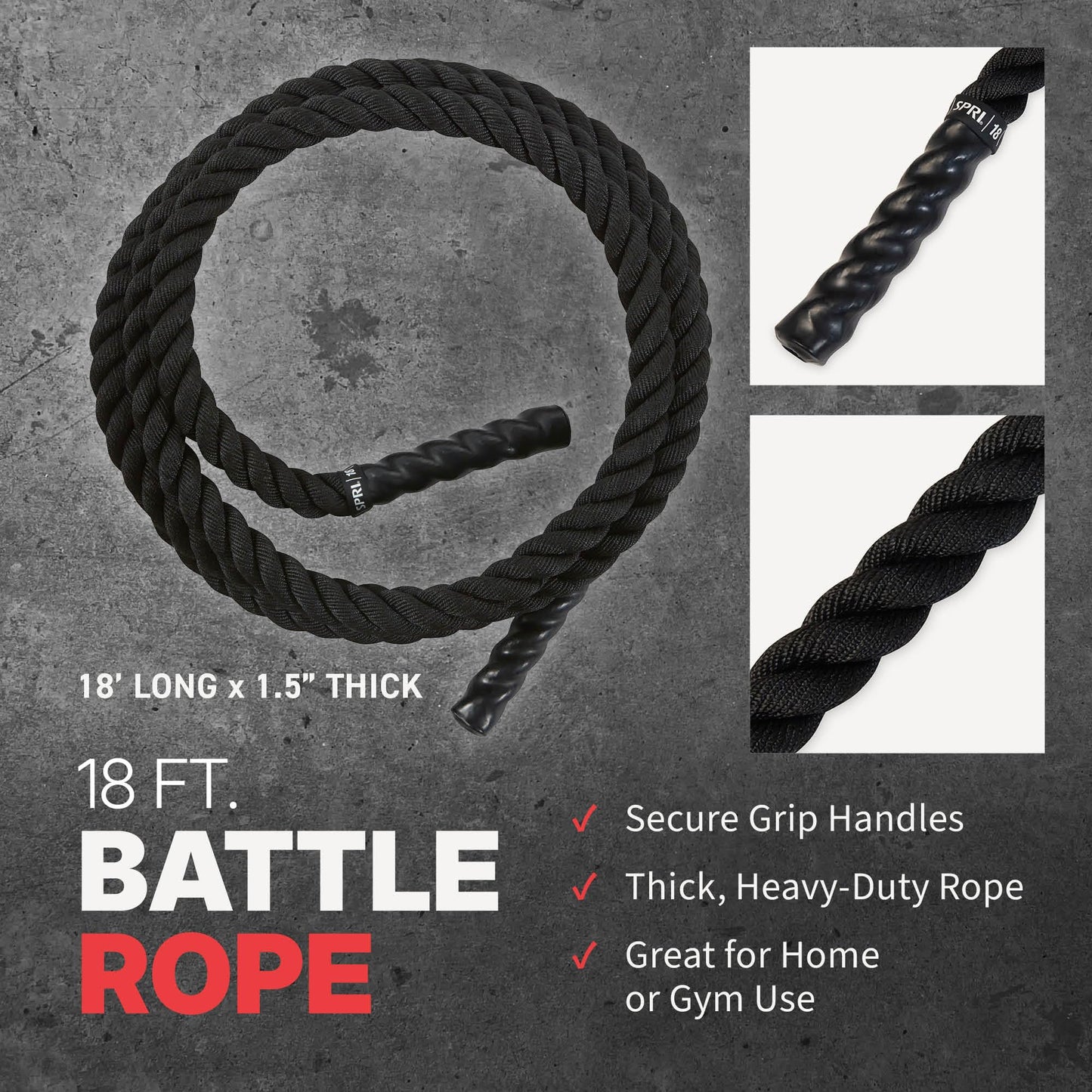 SPRI Battle Rope - Weighted Rope for Strength Training, Working Out, and High-Intensity Workouts for Building Stamina and Endurance - Durable Conditioning Rope - 18ft Long with 1.5" Thickness