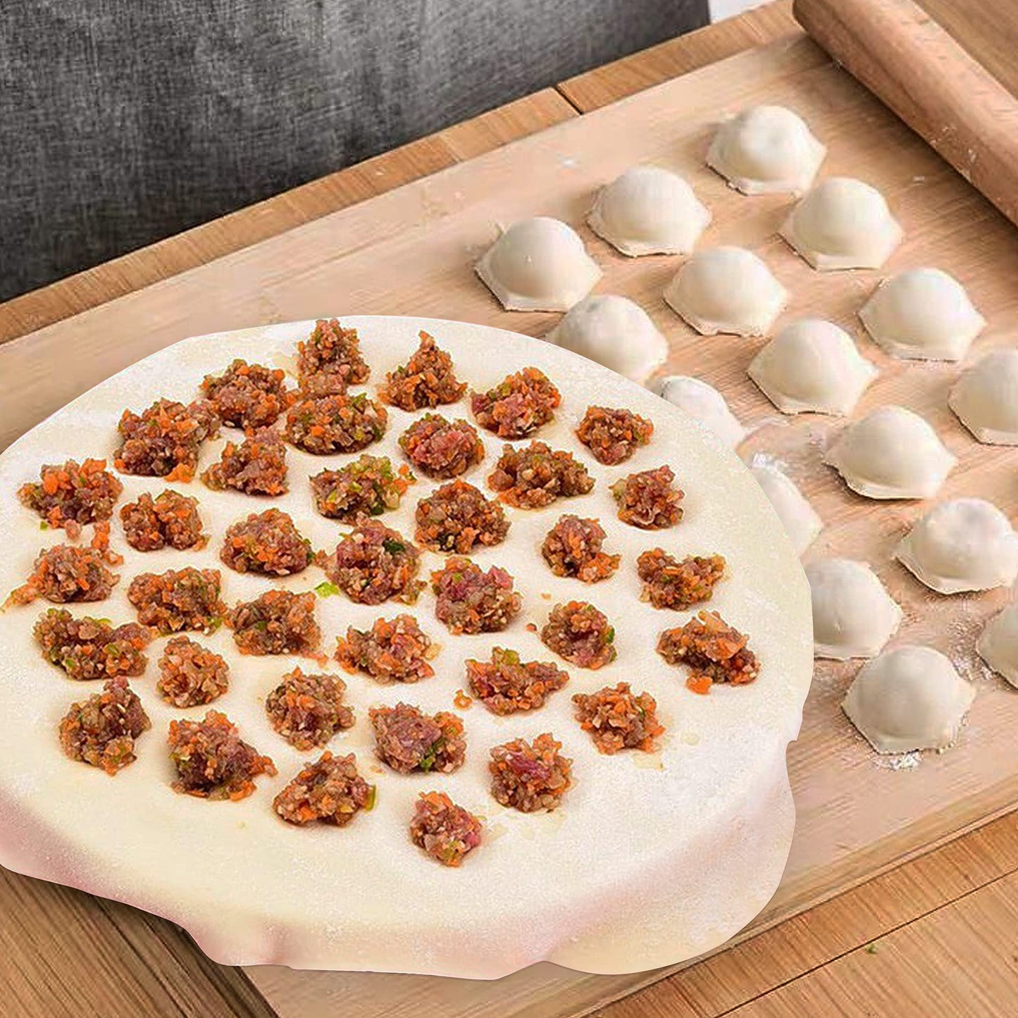 Worldity Ravioli Dumpling Mold, Food Grade Safe Dumplings Maker, Russian Pelmeni Maker with 37 Holes Double, Pastry Ravioli Wheel Cutter and Roller Pin for Making Dumplings Ravioli