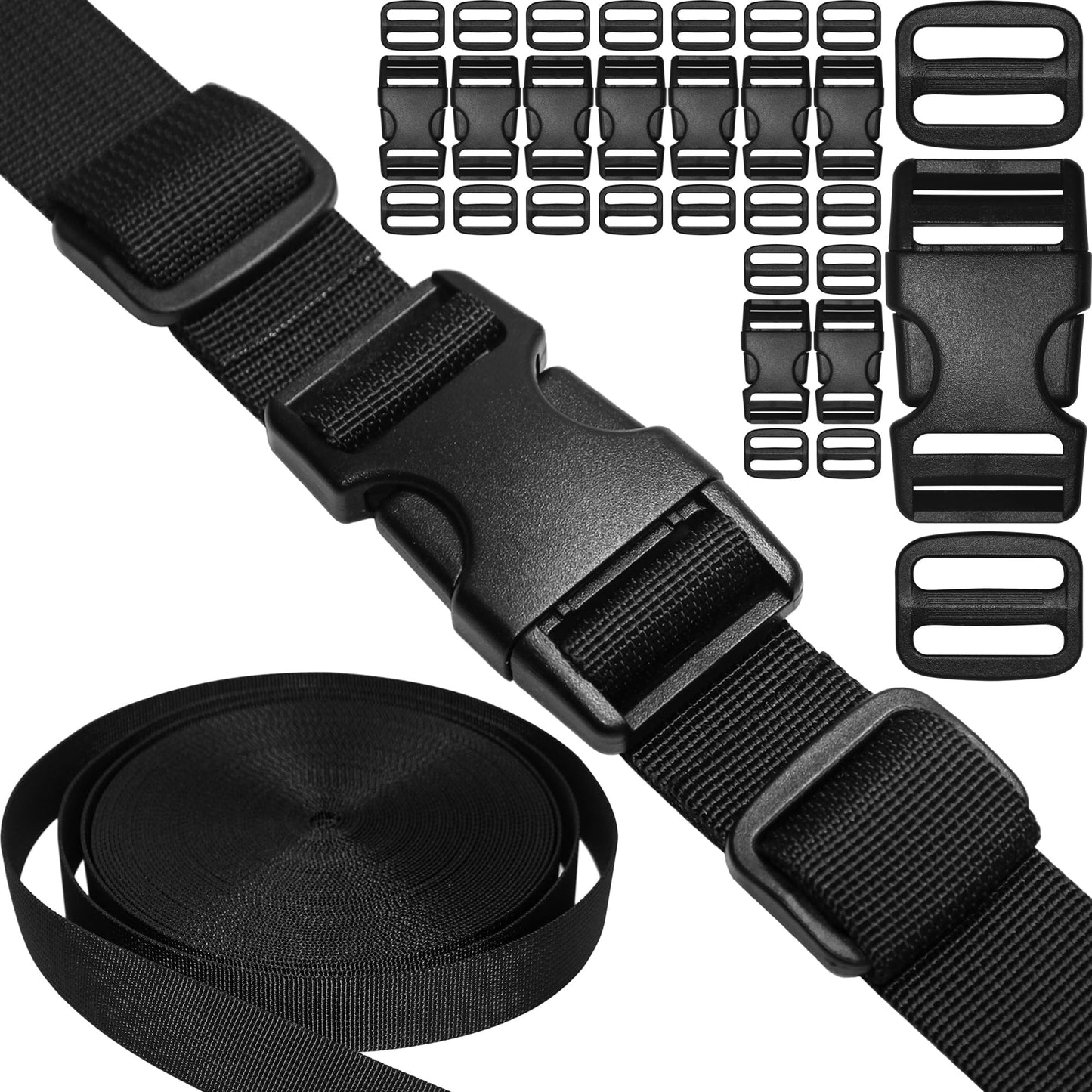 1 inch Straps and Buckles Set: 12 yard Nylon Webbing Strap 1" Wide, 10 pack Side Release Plastic Buckle, 20 pcs Tri-glide Slide Clip, Heavy Duty Quick Snap Fastener Dual Adjustable No Sewing Required