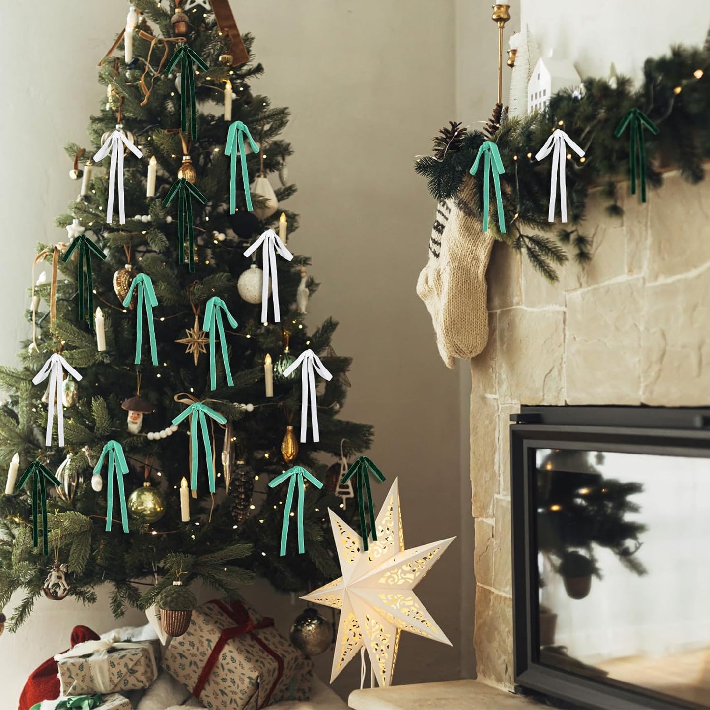 Skiennix 24 Pcs Velvet Bows - Vintage Ribbon Bows for Christmas Tree & Crafts | Dark Green, Beige, Sage Green (5 x 7 Inch)