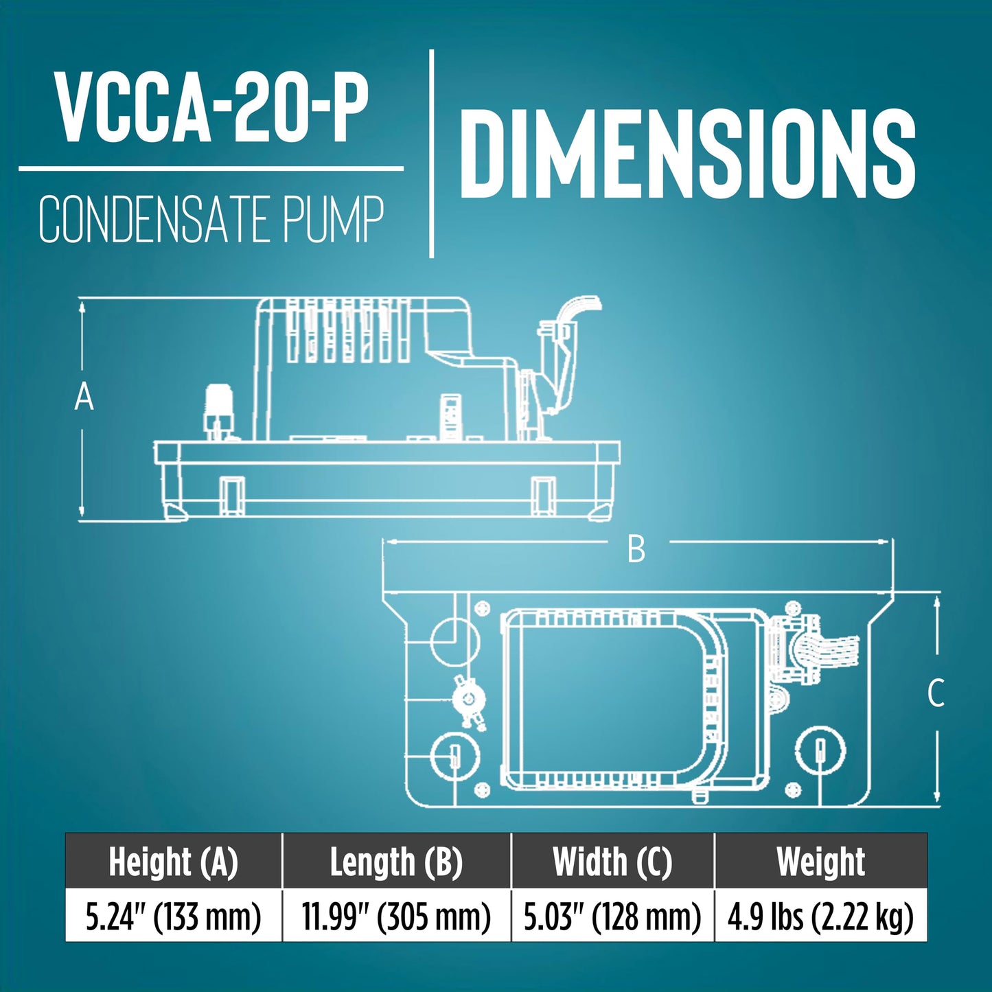 Little Giant VCCA-20-P 115 Volt, 1/30 HP, 80 GPH Low Profile Plenum Condensate Removal Pump, 6-ft. Cord (plug-less), Black, 554221101
