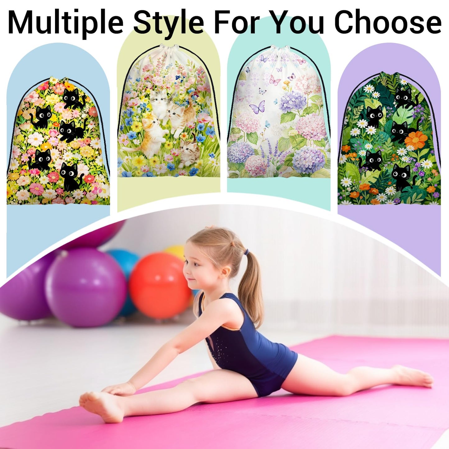 GAIIIIYOU Gymnastics Grip Bag Colorful Flower Cat Small Pouch String Gym Athlete Bag