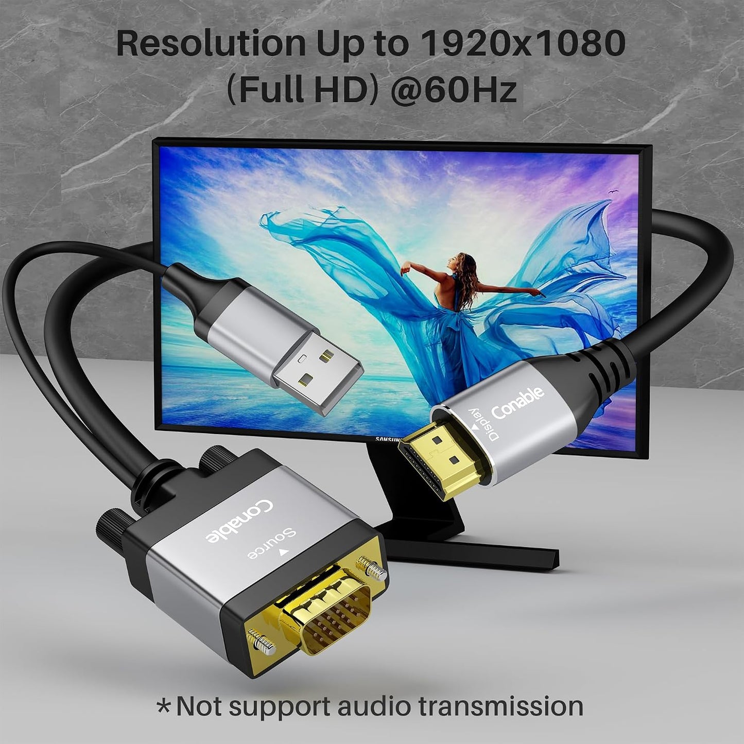 Conable 4 1080P@60Hz VGA to HDMI Cable FT with USB Power Supply, Real Video Output, Unidirectional Cable, from VGA
