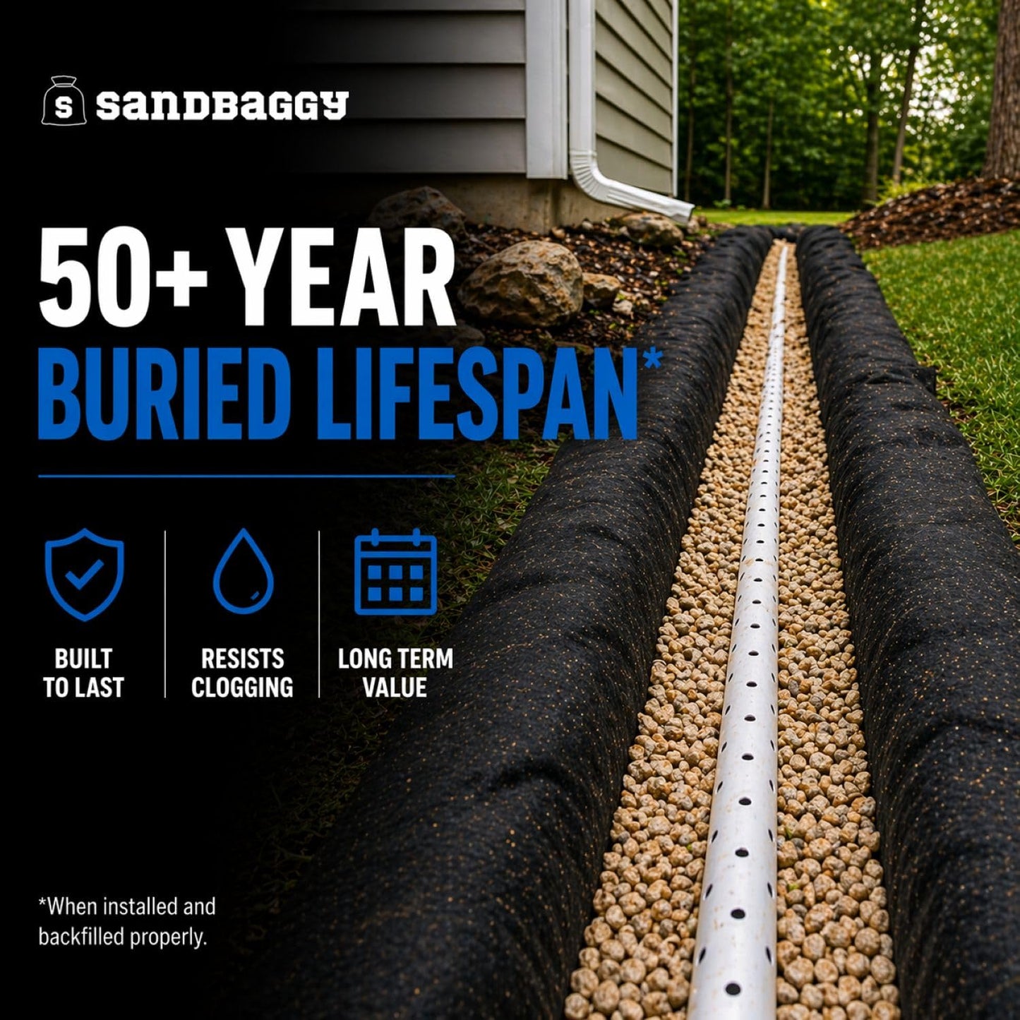 Sandbaggy French Drain Filter Fabric | Non-Woven Geotextile Landscape Fabric (4 oz) – Water Permeable, Porous Drainage Geo Fabric for Clay Soil & Landscaping – USA Made (6 ft x 50 ft Roll)