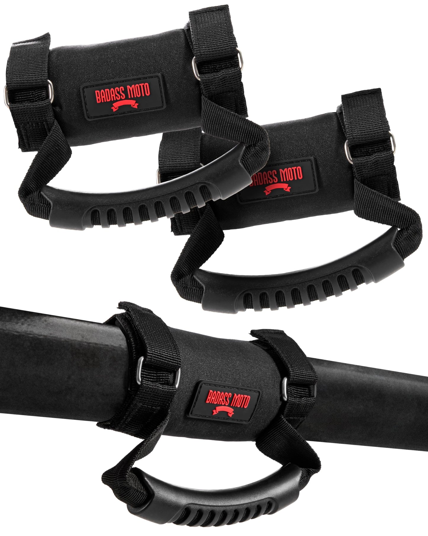 Badass Moto Roll Bar Grab Handles - SXS, ATV, & UTV Grab Handles Grips for 1.5 to 2" Rollbar - Black & Red Hand Grip Grabs with Stainless Steel Buckles for Honda, Teryx, Can-Am, Polaris, More - 2 pack