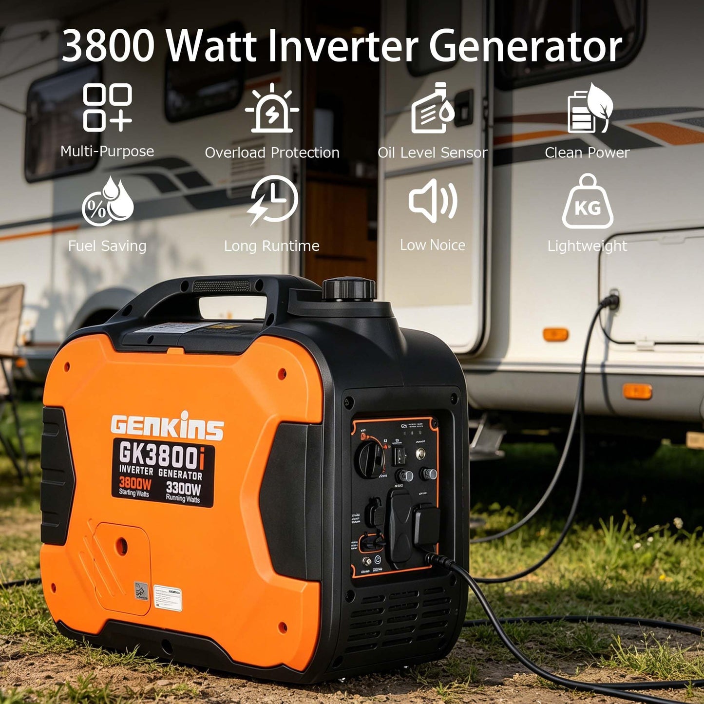 GENKINS 3800W Portable Inverter Generator,Gas Powered,163cc 4-Stroke OHV,Parallel Capable,CO Sensor & ESC Fuel-Saving, EPA Compliant for RV Ready 30A Outlet, Camping & Outdoor Use