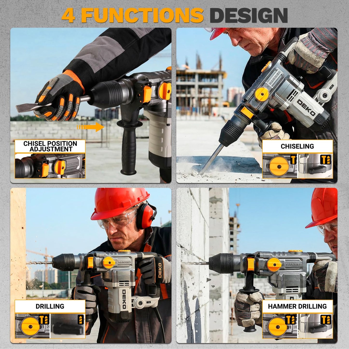 1-1/4 Inch SDS-Plus Rotary Hammer Drill, 12.5Amp Electric Heavy Duty Hammer Drill Corded with 4 Functions, Demolition Hammer for Concrete with Drill Bits and Chisels, Safety Clutch & Vibration Control