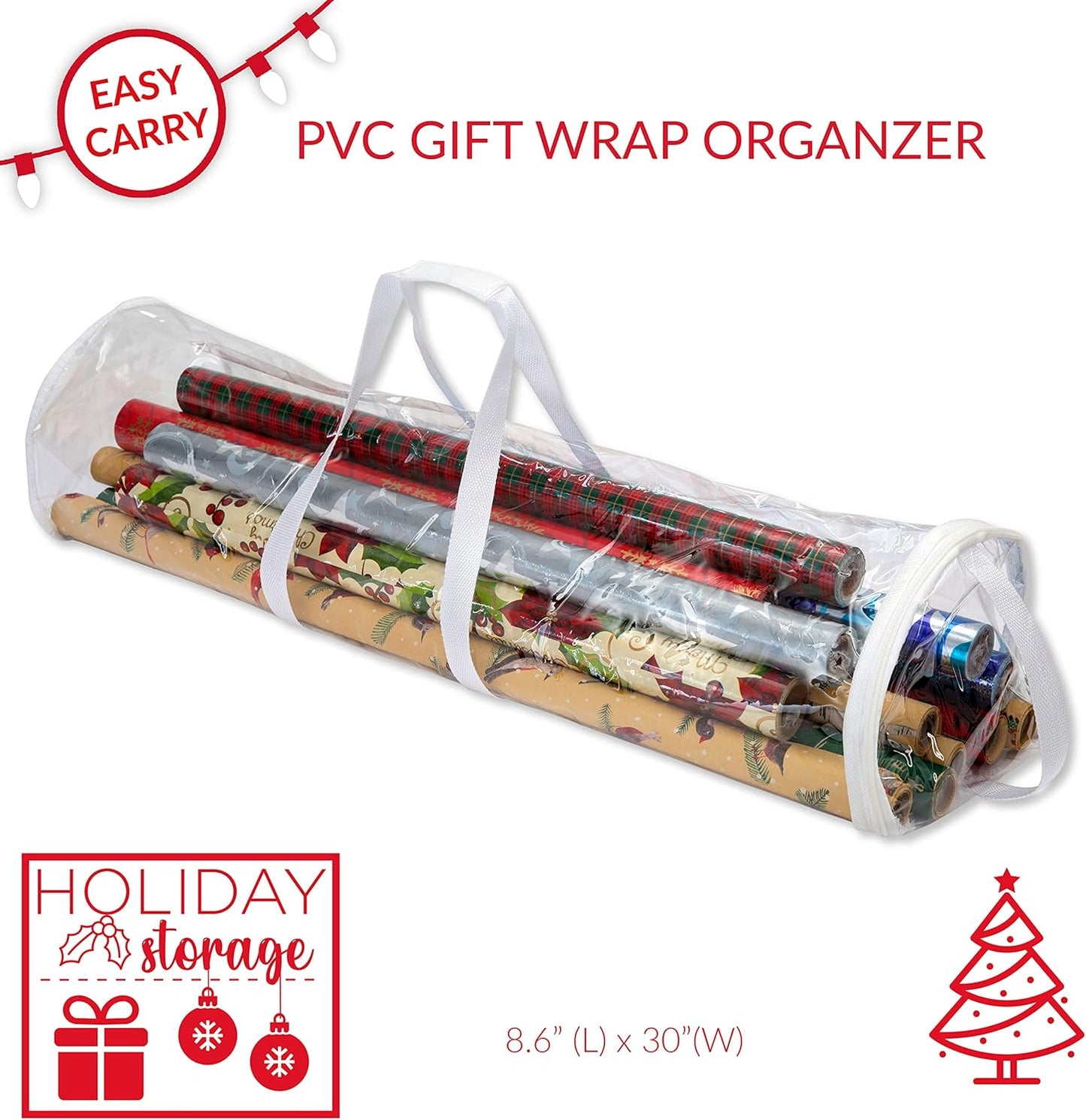 Simplify Clear Gift Wrap Storage Bag - Holds 30" Long Wrapping Paper Rolls | Zipper Closure | Red