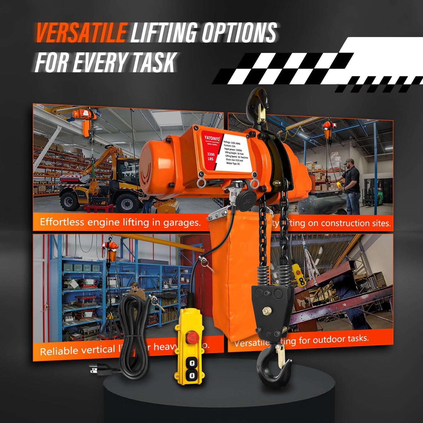 YATOINTO Electric Chain Hoist, 1 Ton/2200 lb Capacity, 20 ft Lift Height, 20 ft Wired Remote, 120V Single Phase Hoist with Emergency Stop, Double Chain, for Garage, Shop, Warehouse