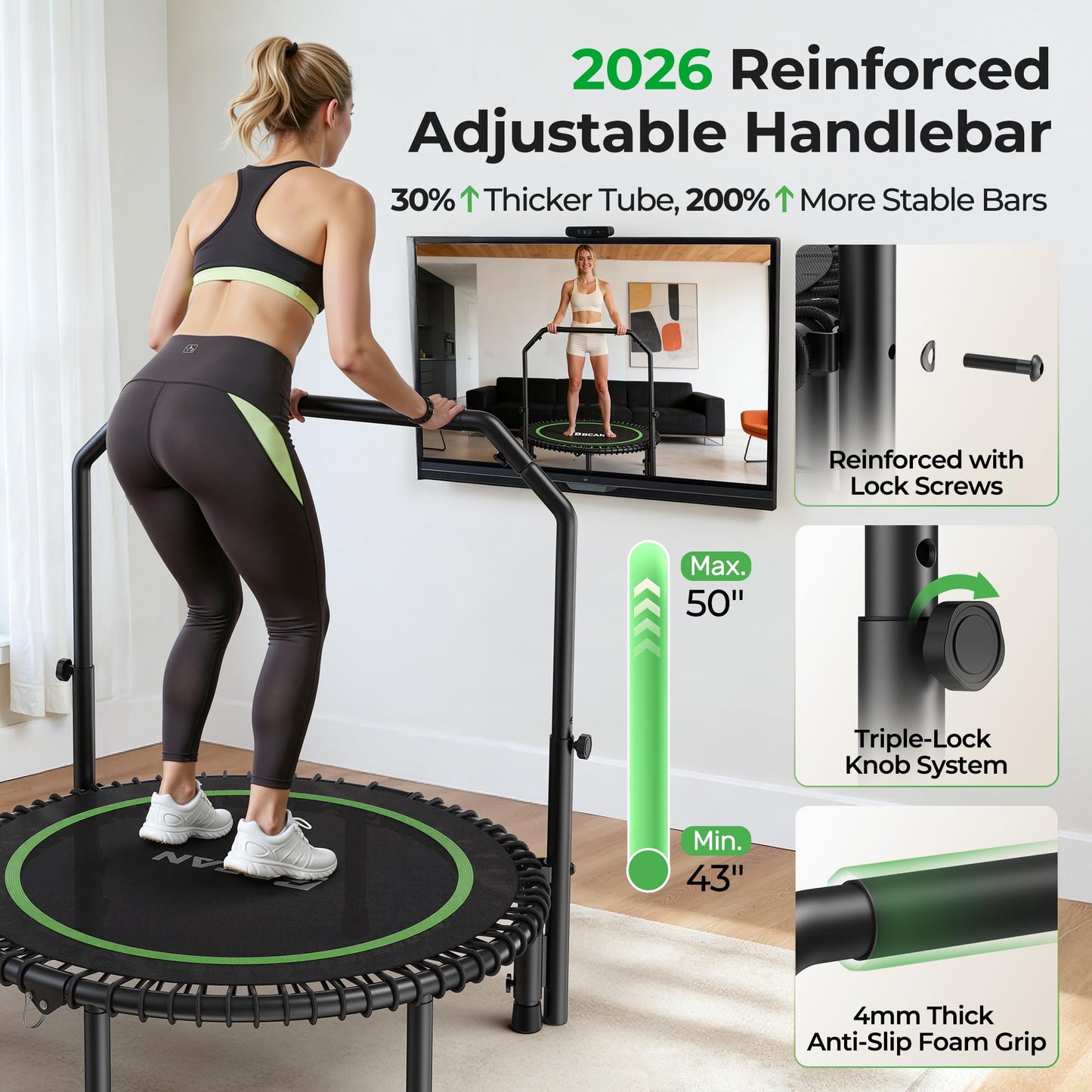 BCAN BT2 450/550LBS Mini Rebounder Trampoline for Adults with Bar, Fitness Trampoline with Bungees, Adjustable Handle, Stable & Quiet, Indoor Outdoor, Whole-Body Workout & Relaxation at Home-40IN-GRN