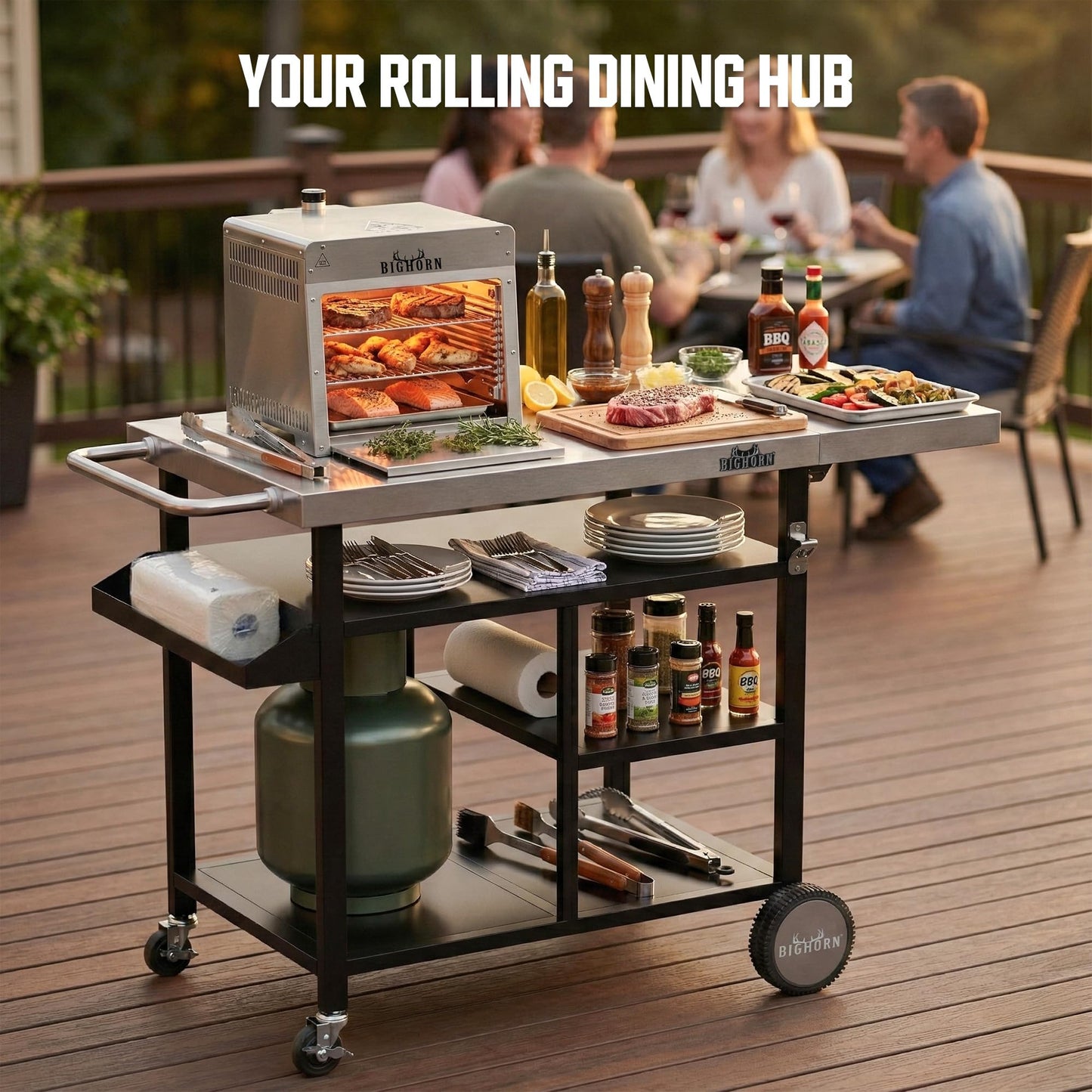 BIG HORN OUTDOORS Grill Cart, Stainless Steel Outdoor Grill Table for Infrared Grill, Pizza Oven Stand Compatible with Big Horn, Ninja, Ooni Pizza Ovens, Outdoor Cooking Table with Wheels & Storage