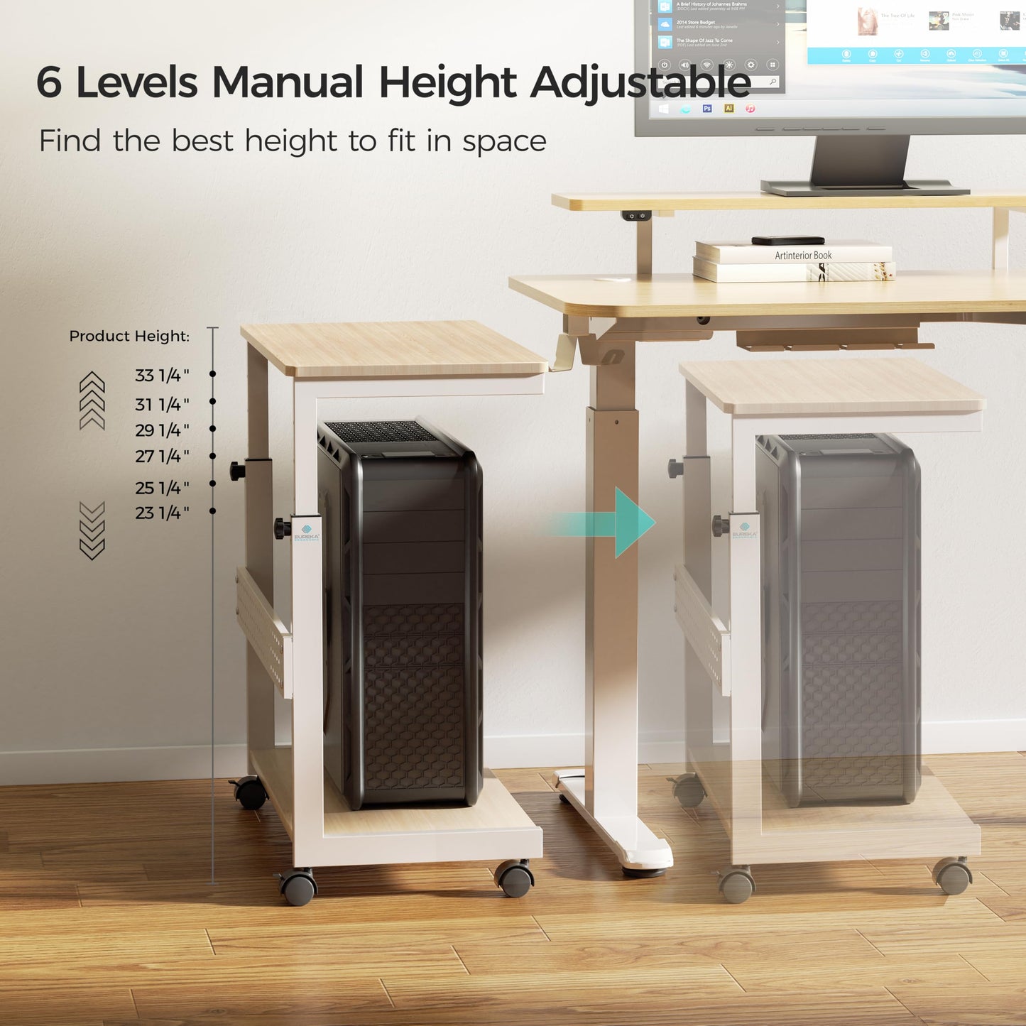 EUREKA ERGONOMIC PC Stand Computer Cart, Height Adjustable Tower Stand 2-Tier Suit for ATX Case Printer, Metal Rolling Cart on Wheels for Gaming Home Office, Maple
