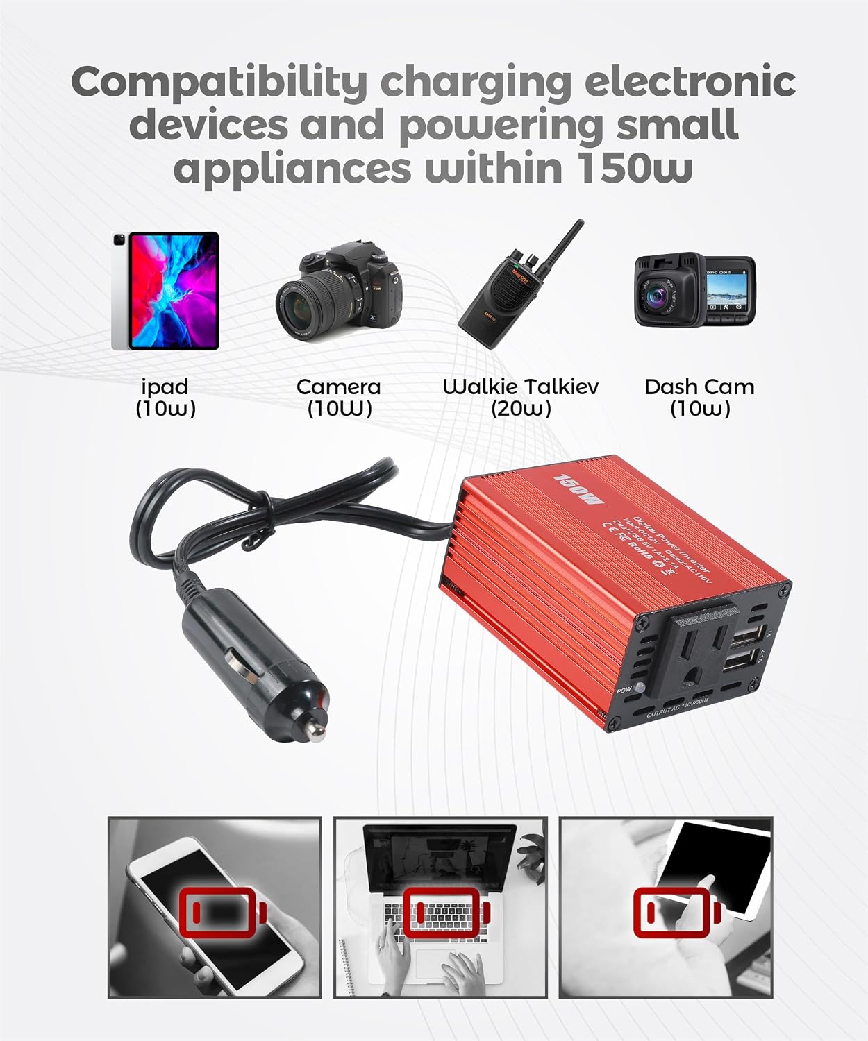 UNLRAE Accessories,150W 3.1A USB,12V 110V Power Inverters for Vehicles,Car Car Power Inverters with Dual DC to AC