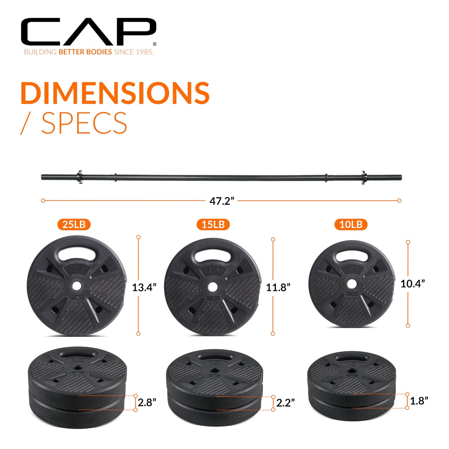 CAP Threaded Barbell Set with 100 LB Cement Grip Plates | 47" Threaded Bar, 25LB / 15LB / 10LB Grip Plates, Star Collars, Home Gym Weight Set for Strength Training