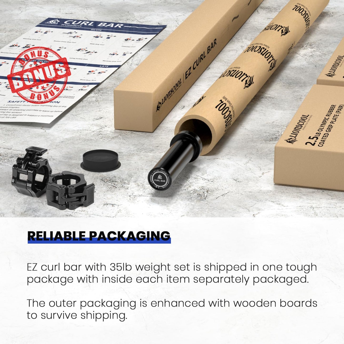 LIONSCOOL Black EZ Curl Bar with 35lb Weight Plate Set and Barbell Clamps