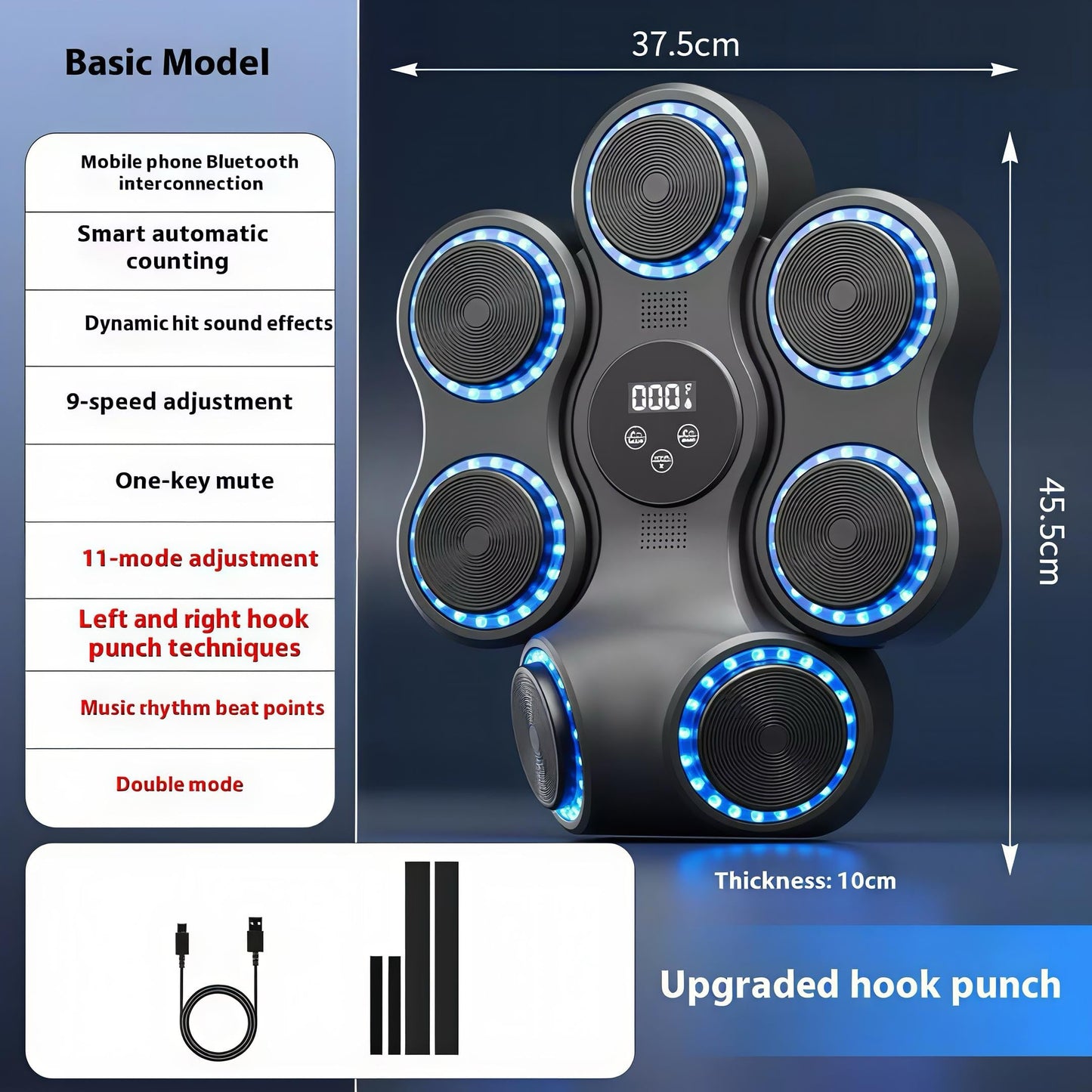 Music Boxing Machine with Gloves, Wall Mounted Punching Trainer with LED Light Up Targets, Bluetooth Rhythm Reaction Training Pad, 11 Modes & 9 Speeds for Adults & Kids Home Fitness & Stress Relief