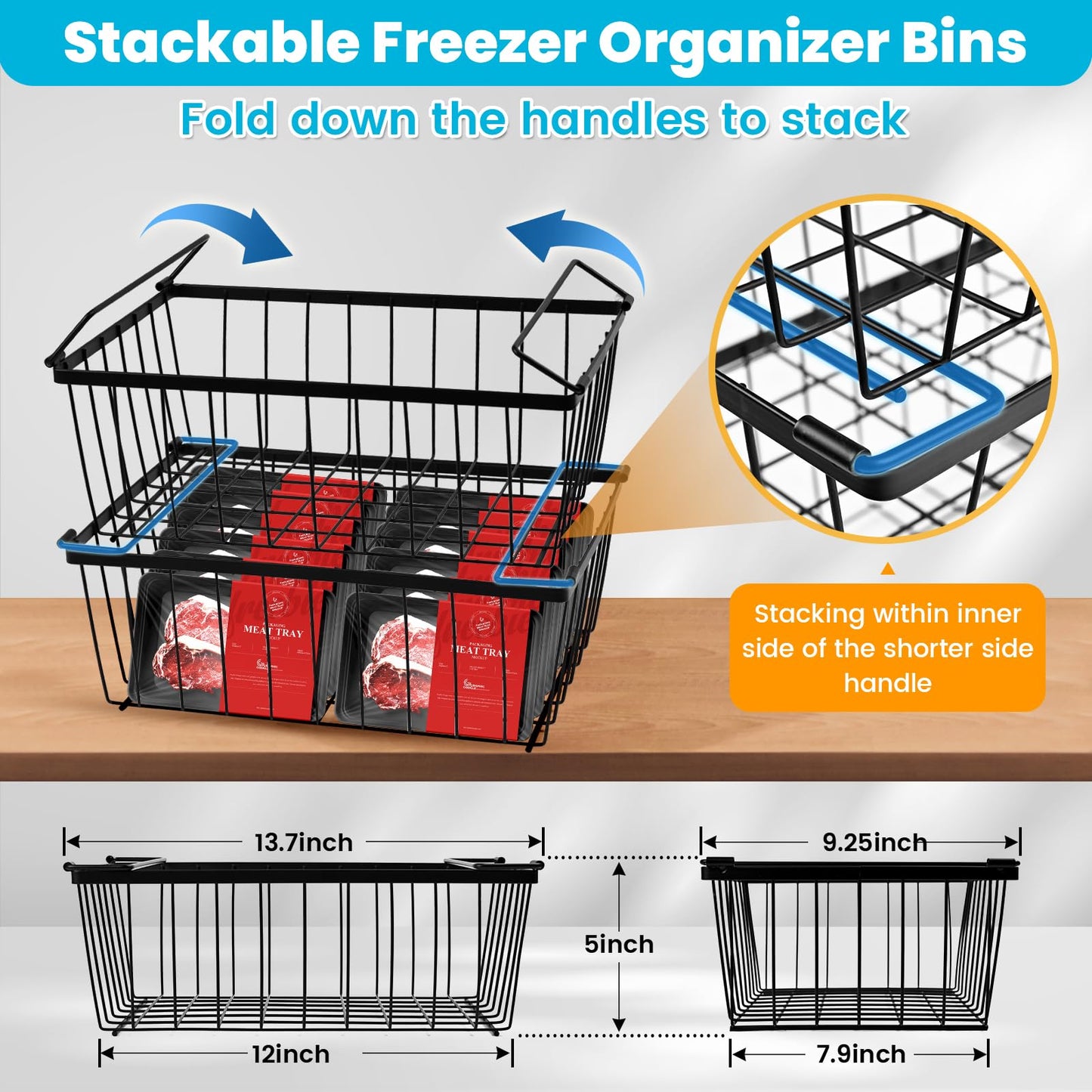 Pateekate Freezer Organizer Bins, 3 Pack Stackable Chest Freezer Organizer Bins for 5 Cu Ft Deep Freezer, Chest Freezer Sort Frozen Meats, Freezer Storage Containers Deep Freezer Organizer Baskets