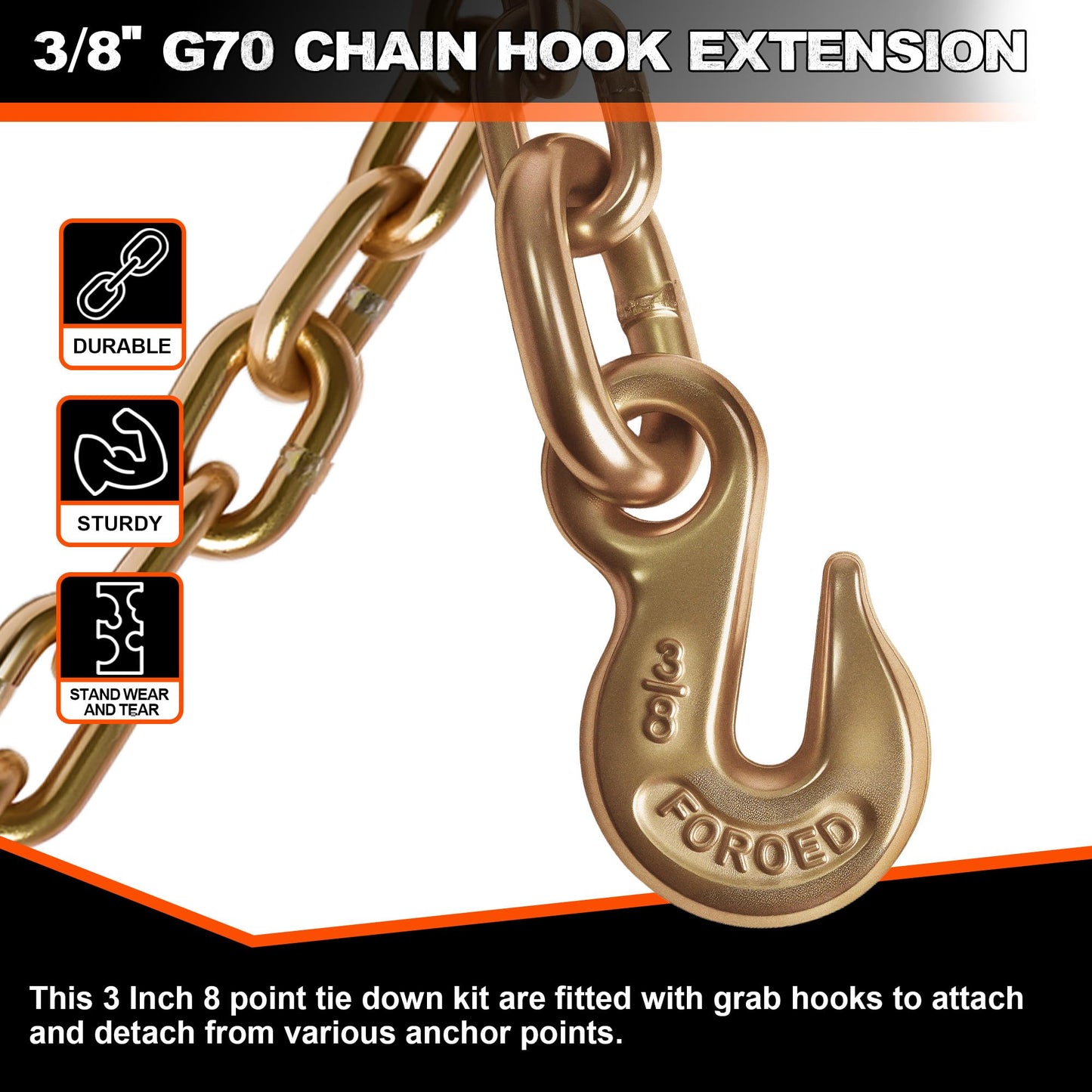 Mimanchi 3 Inch 8 Point Roll Back Tie Down Kit with 3/8" Chain Grab Hooks on Both Ends, 6600 lb WLL, Heavy Duty Tow Truck Straps Car Hauler Carrier Tie Down