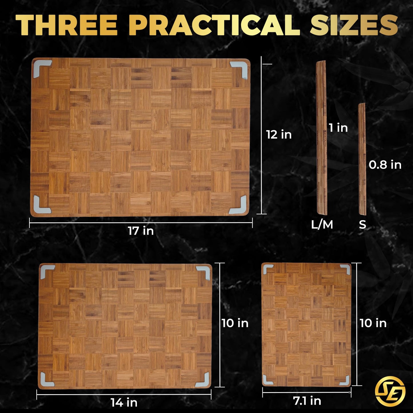 SliceElite Extra Large Bamboo Cutting Board Set 3 Piece End Grain Wooden Chopping Boards with Holder Non Slip Feet Juice Groove XL Butcher Block Style Boards for Kitchen Carving and Serving