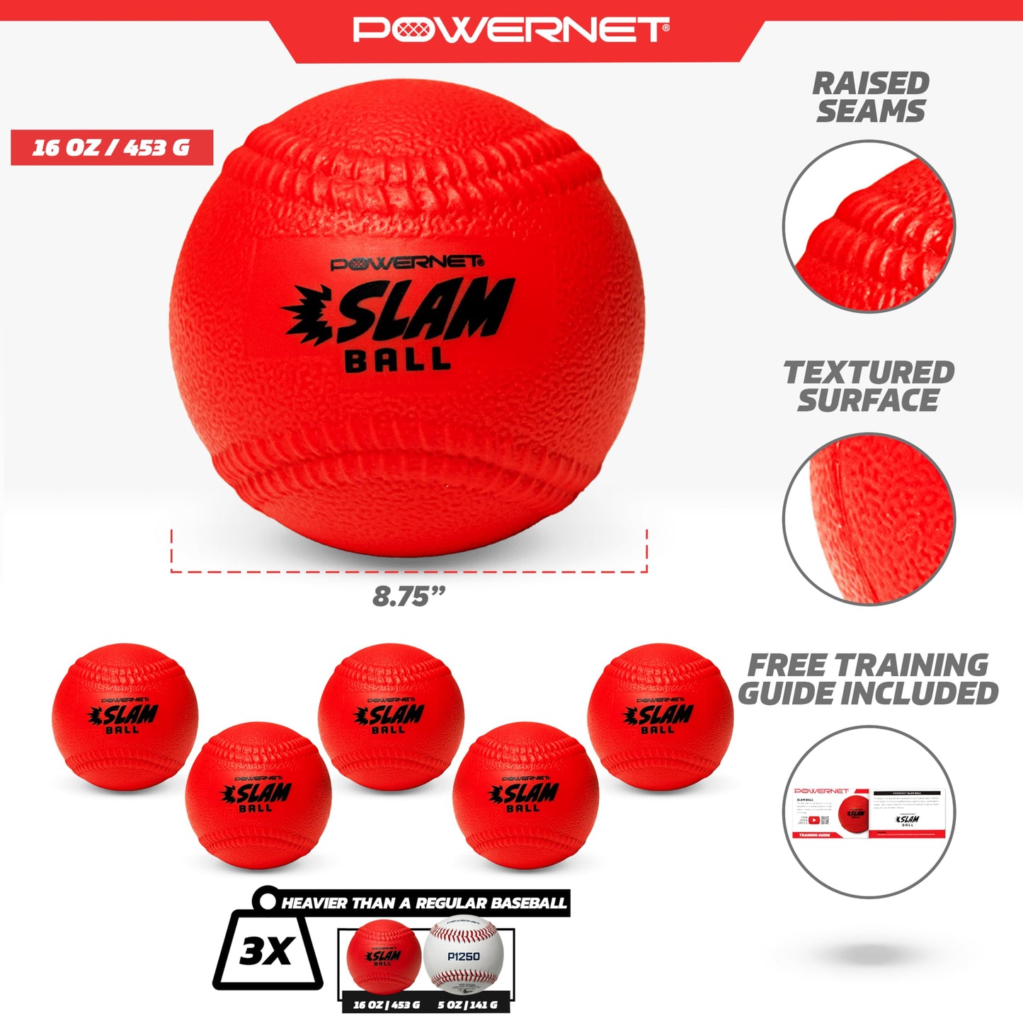 PowerNet Slam Ball 6-Pack, Baseball Size Weighted Ball with Textured Surface and Raised Seams, Training Equipment to Improve Hitting Power, 16 Oz Weighted Baseballs for Batting