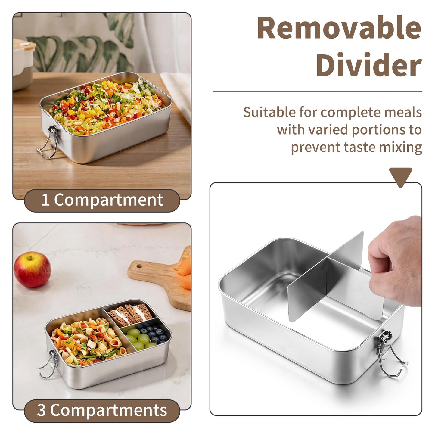 TeamFar 2 Pack Stainless Steel Bento Box, 47oz Metal Lunch Box with 3 Compartments for Adults/Kids, Lunch Food Containers for School/Work/Meal Prep, Leak-Proof & Dishwasher Safe, 1400ML