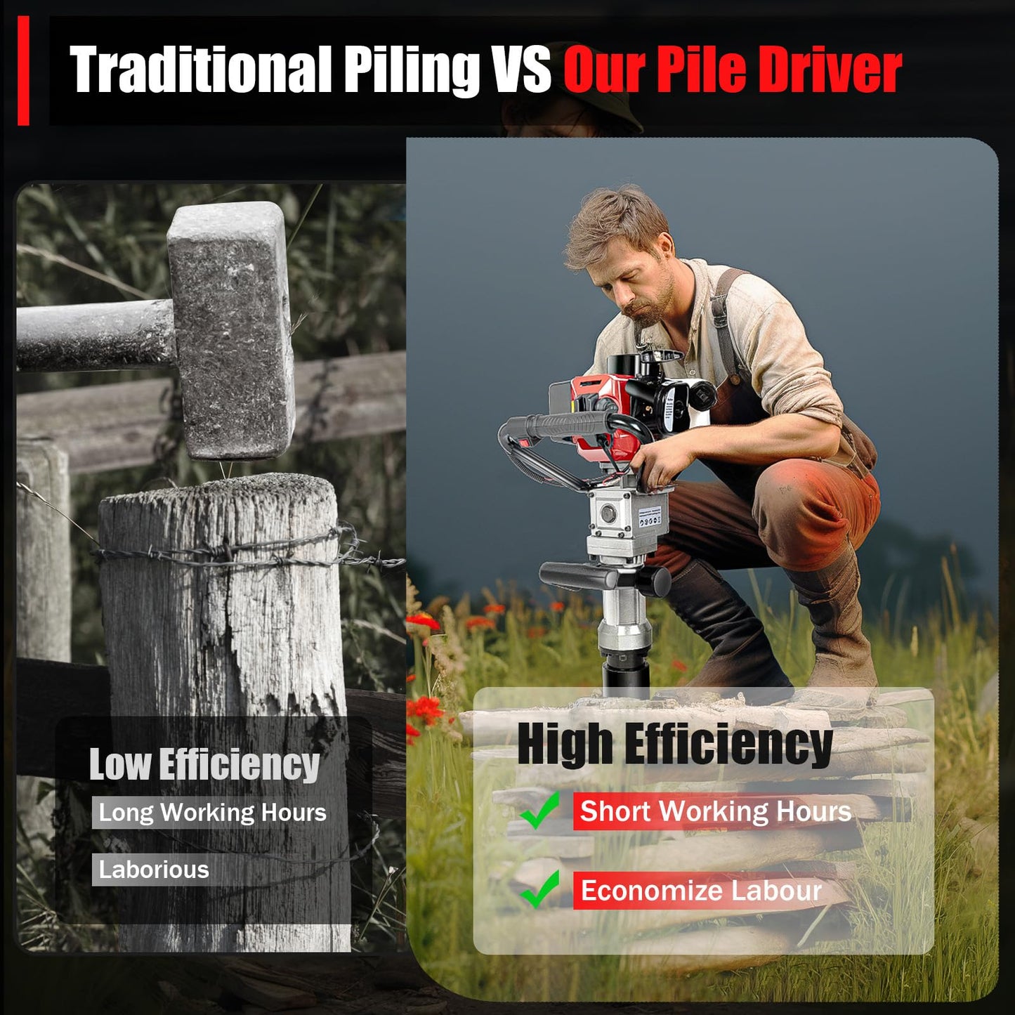 2 Stroke Gas Powered T-Post Driver, 32.7CC 900W 8500RPM Petrol Post Driver Hand Pull Start Gasoline Pile Drivers Alloy Steel Pile Drivers w/2 Sockets&0.24Gal Fuel Tank for Garden Guardrails Farm