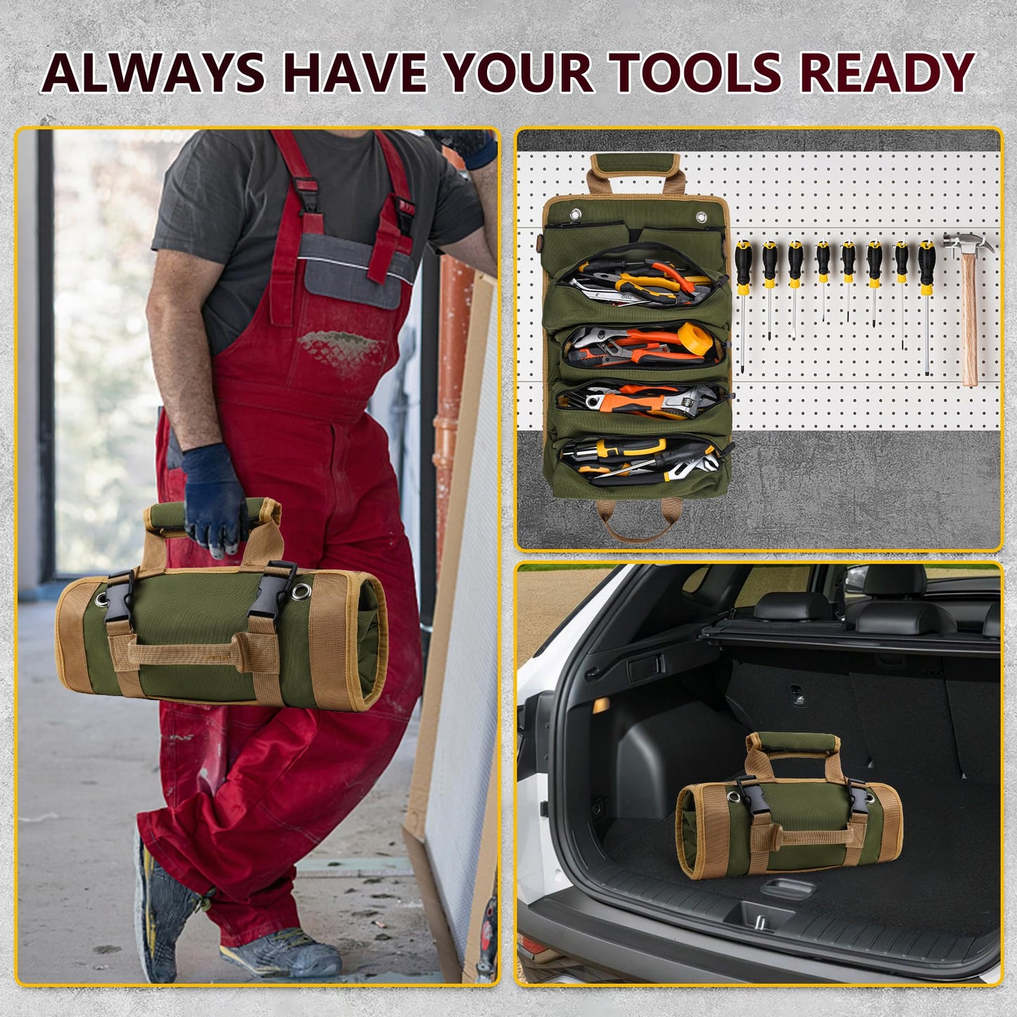 Tool Bag, Tool Bags for Men, Heavy Duty Tool Organizer, Portable Roll Up Tool Bag Gifts For Him, Mechanic, Electrician and Hobbyist, Car Tool Roll Organizer -Green