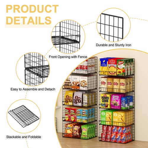 5 Pack Stackable Wire Baskets for Pantry Organizers and Storage, Large Pantry Baskets for Snack Organizer, Foldable Metal Storage Bins for Organizing Snack Can Fruit Vegetable & Toy